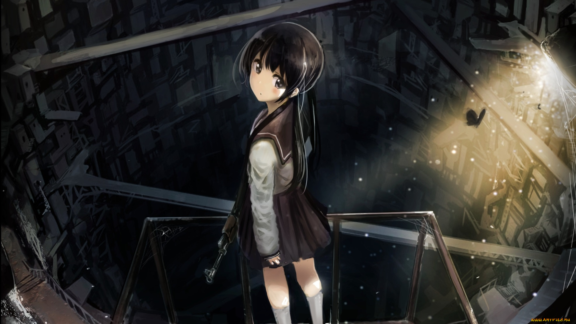 аниме, город, , улицы, , здания, девочка