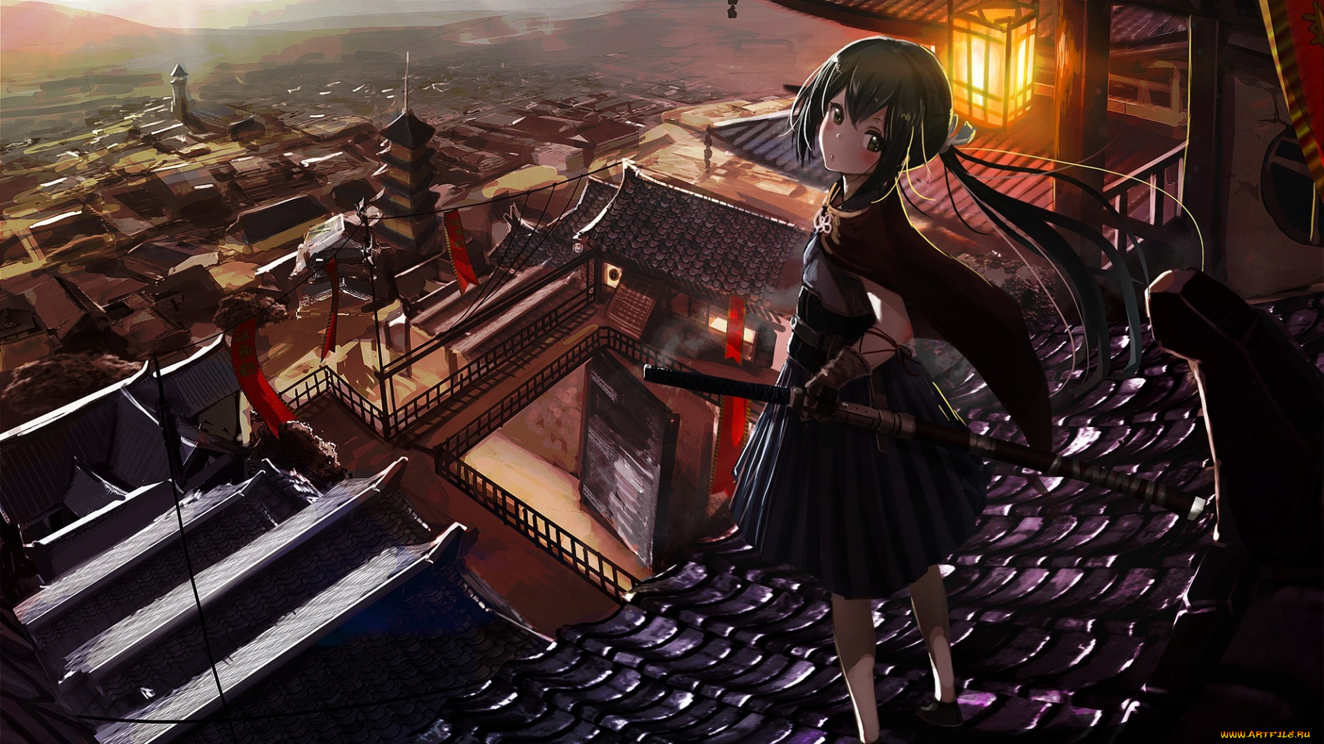 аниме, город, , улицы, , здания, девочка