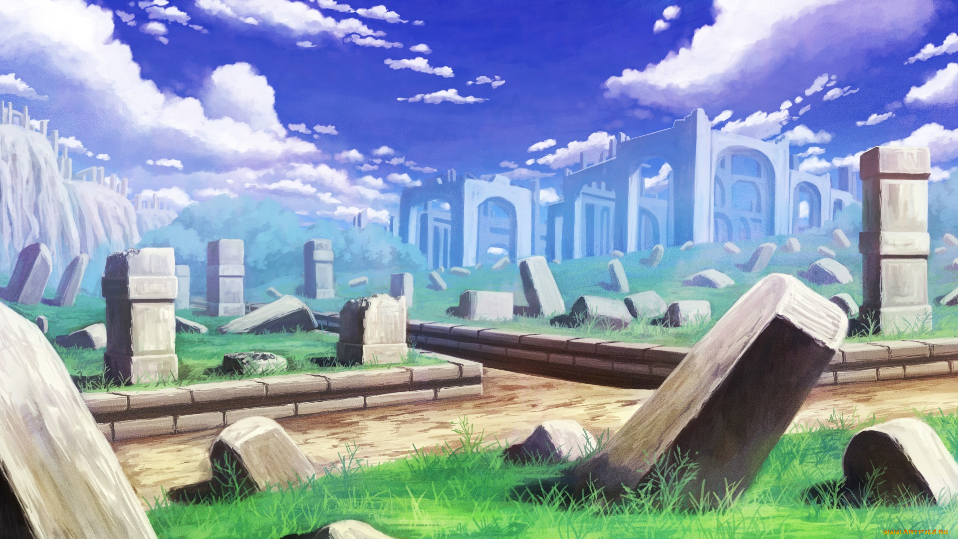 аниме, город, , улицы, , здания, руины