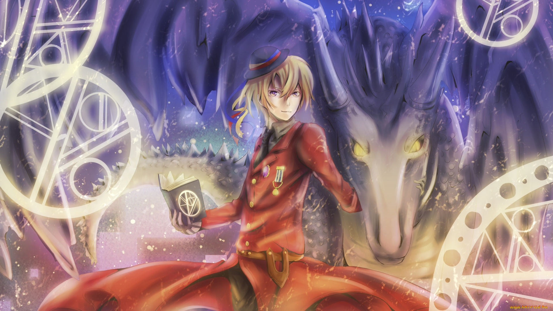 аниме, hetalia, , axis, powers, военная, форма, парень, axis, powers, символы, книга, рога, romania, дракон