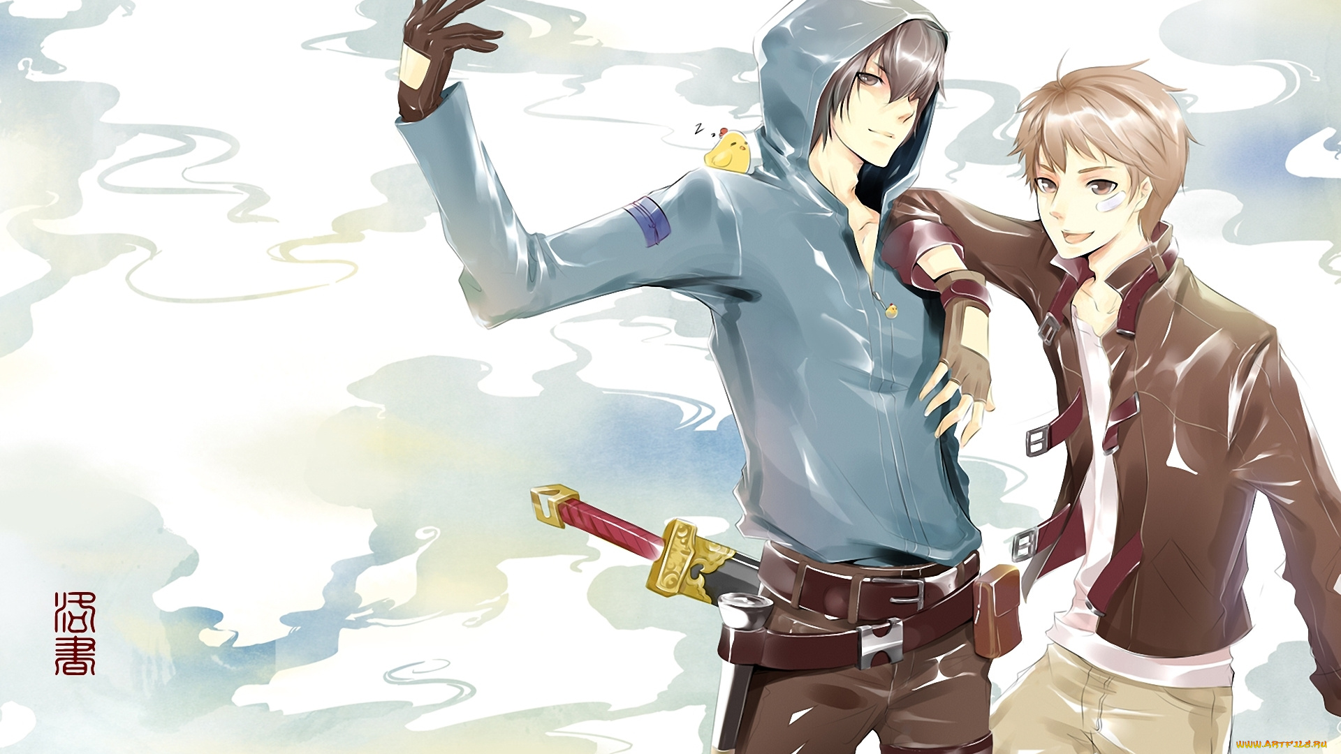 аниме, оружие, , техника, , технологии, арт, raku, kaki, source, request, парни, меч, птица, иероглифы