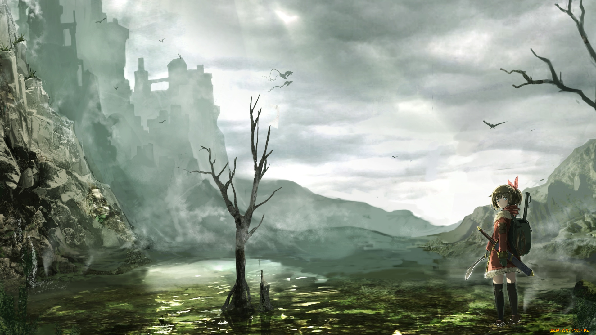 аниме, оружие, , техника, , технологии, девушка, пейзаж