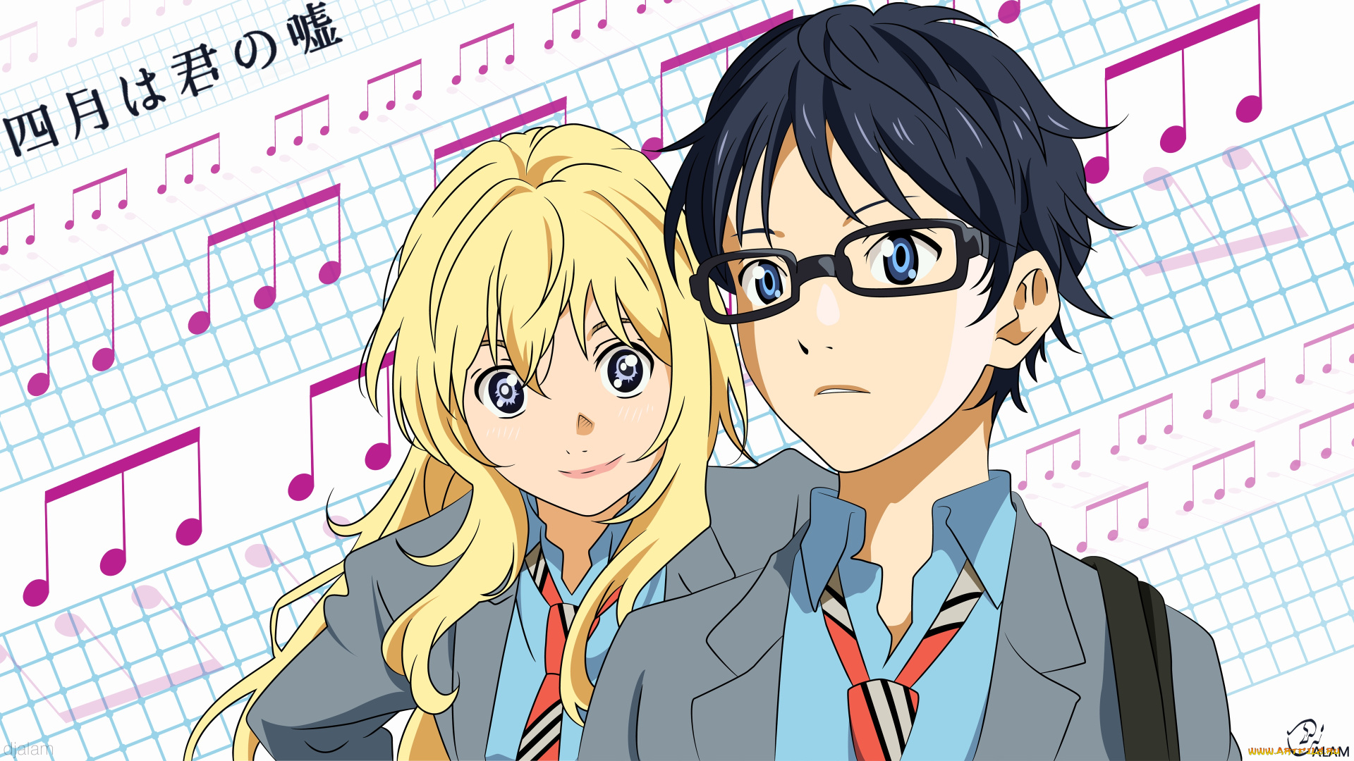 аниме, shigatsu, wa, kimi, no, uso, девушка, парень, ноты