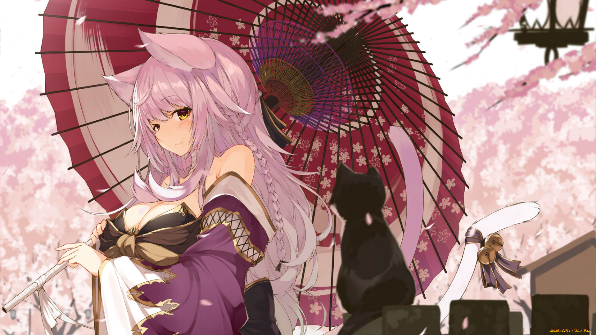 аниме, животные, , существа, девушка, зонт