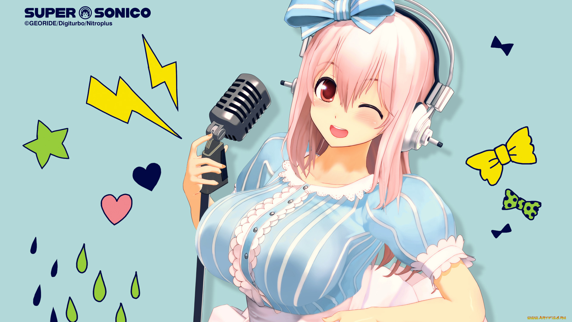 super, sonico, аниме, фон, девушка, взгляд