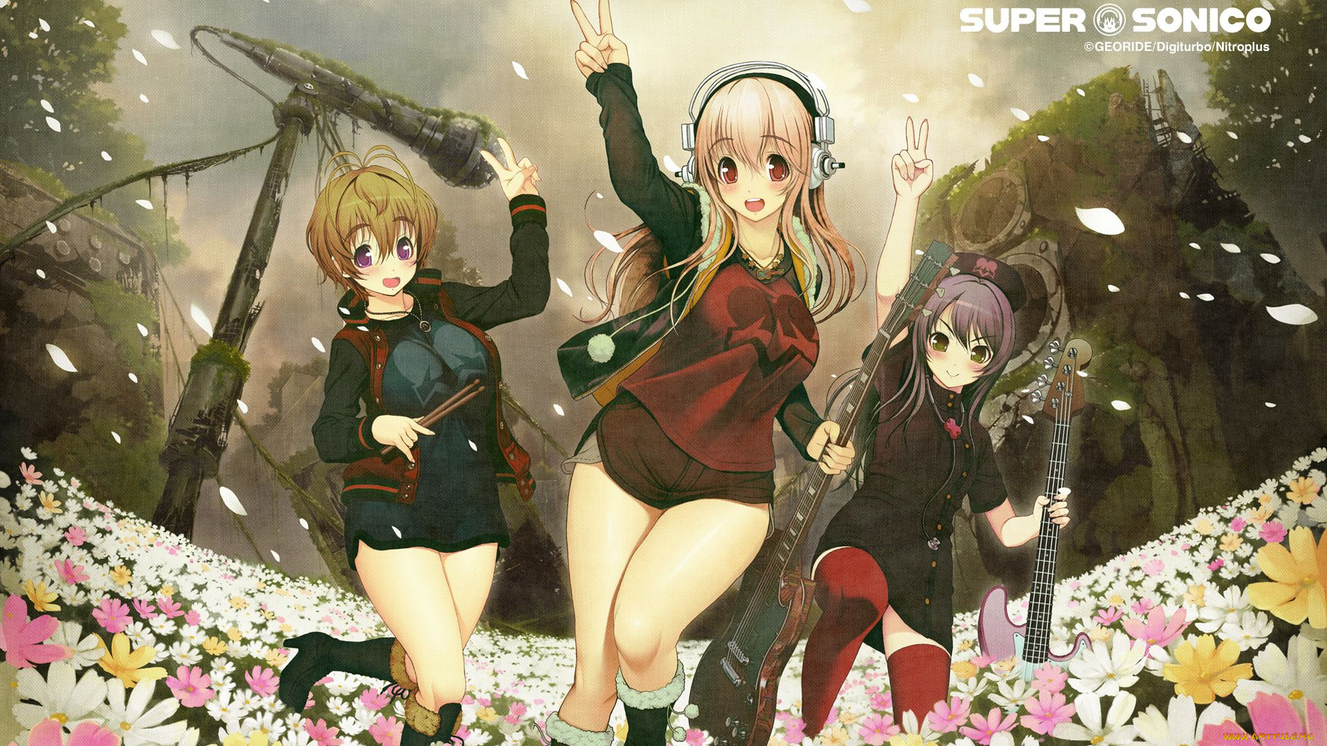 super, sonico, аниме, фон, взгляд, девушки