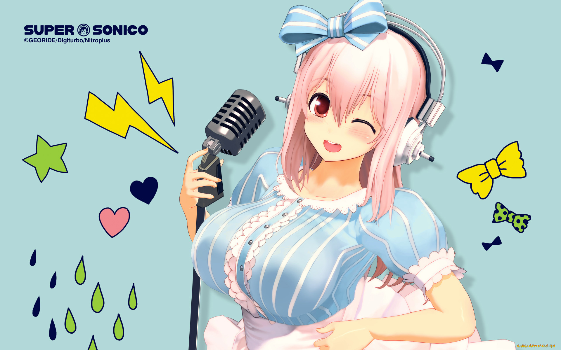 super, sonico, аниме, фон, девушка, взгляд