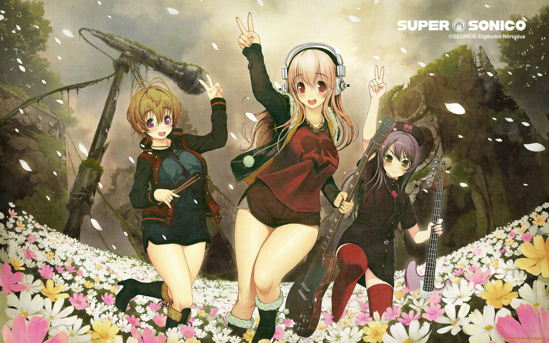 super, sonico, аниме, фон, взгляд, девушки