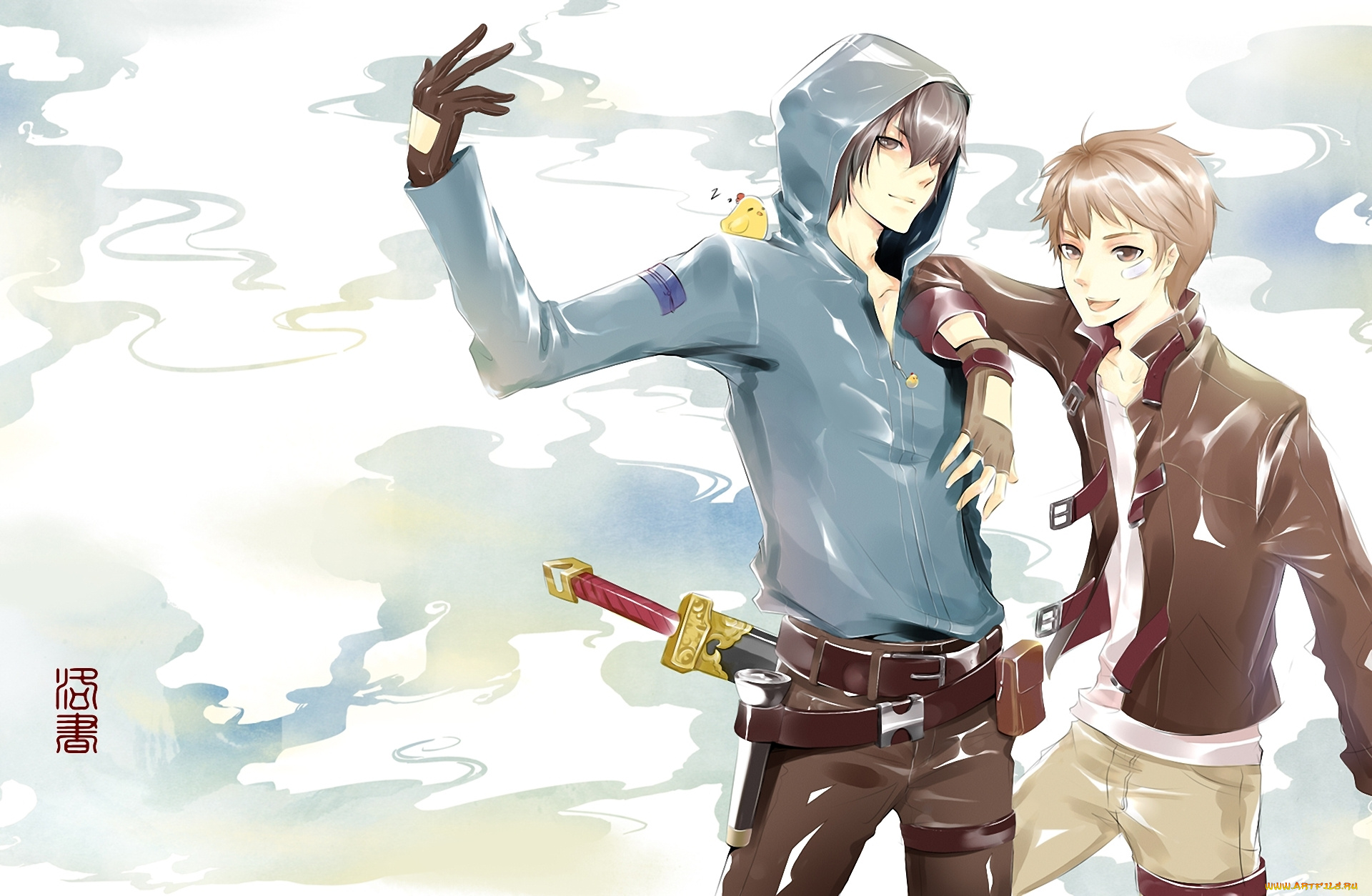 аниме, оружие, , техника, , технологии, арт, raku, kaki, source, request, парни, меч, птица, иероглифы