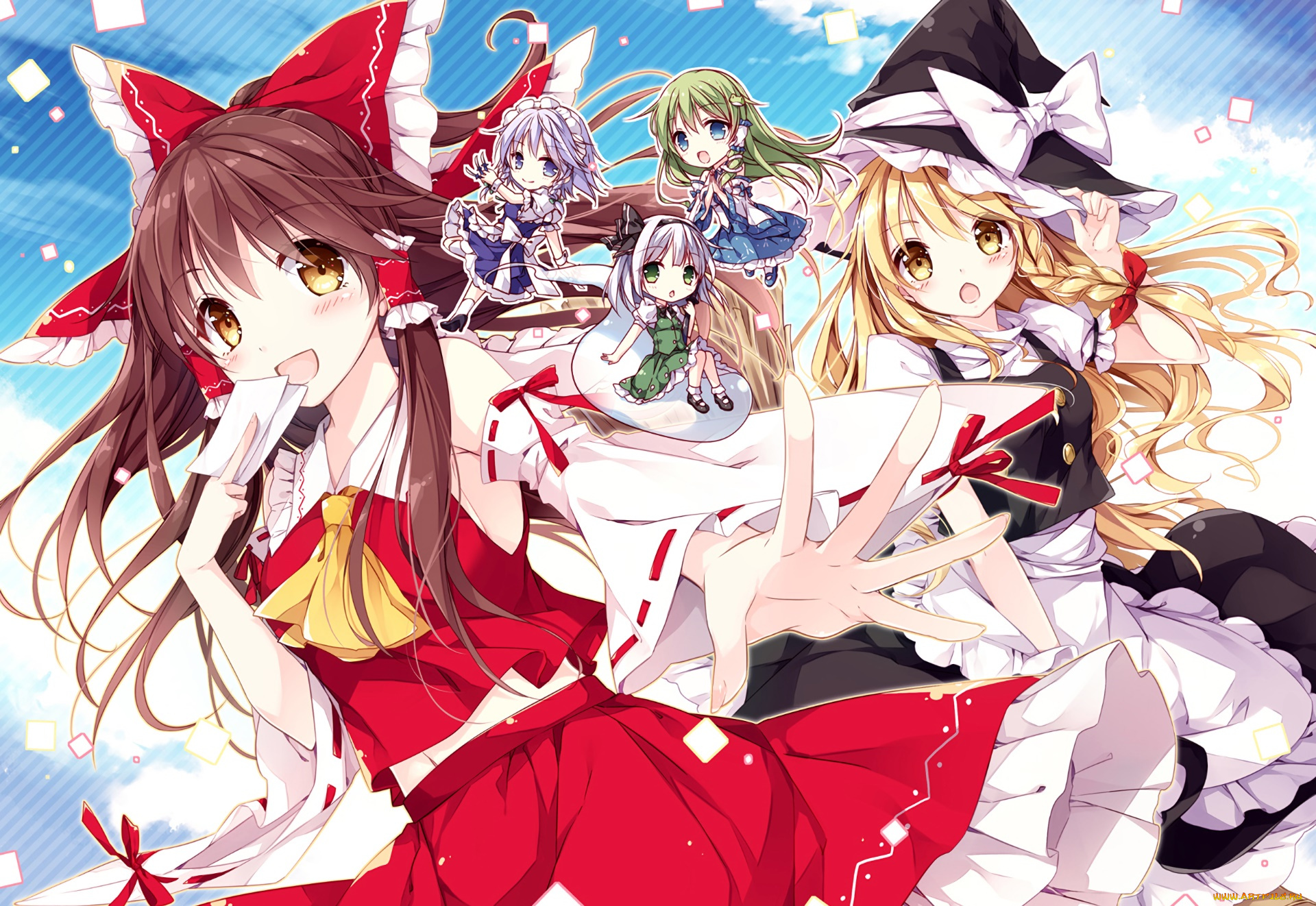 аниме, touhou, девушки, взгляд, фон