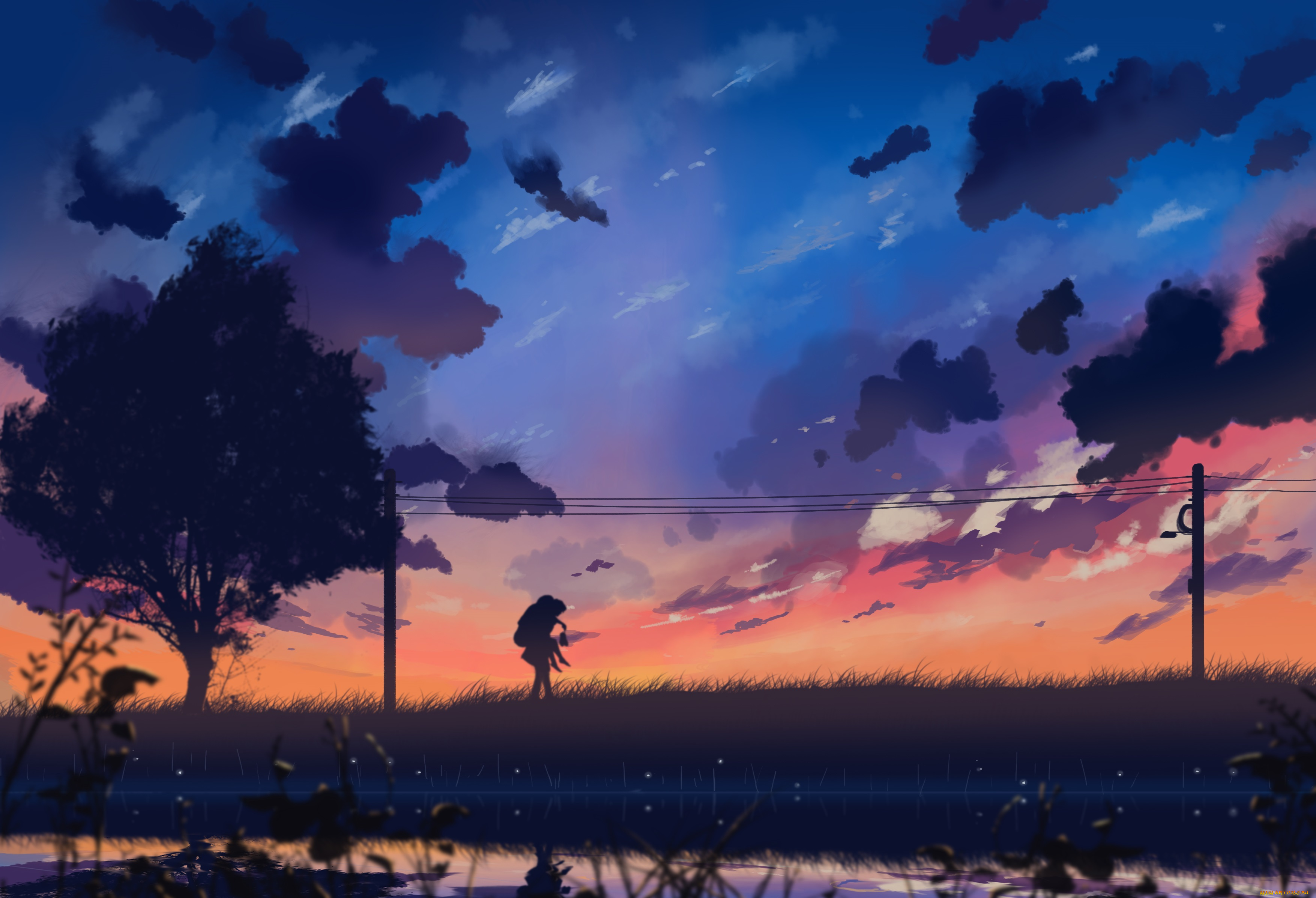 аниме, город, , улицы, , здания, вечер