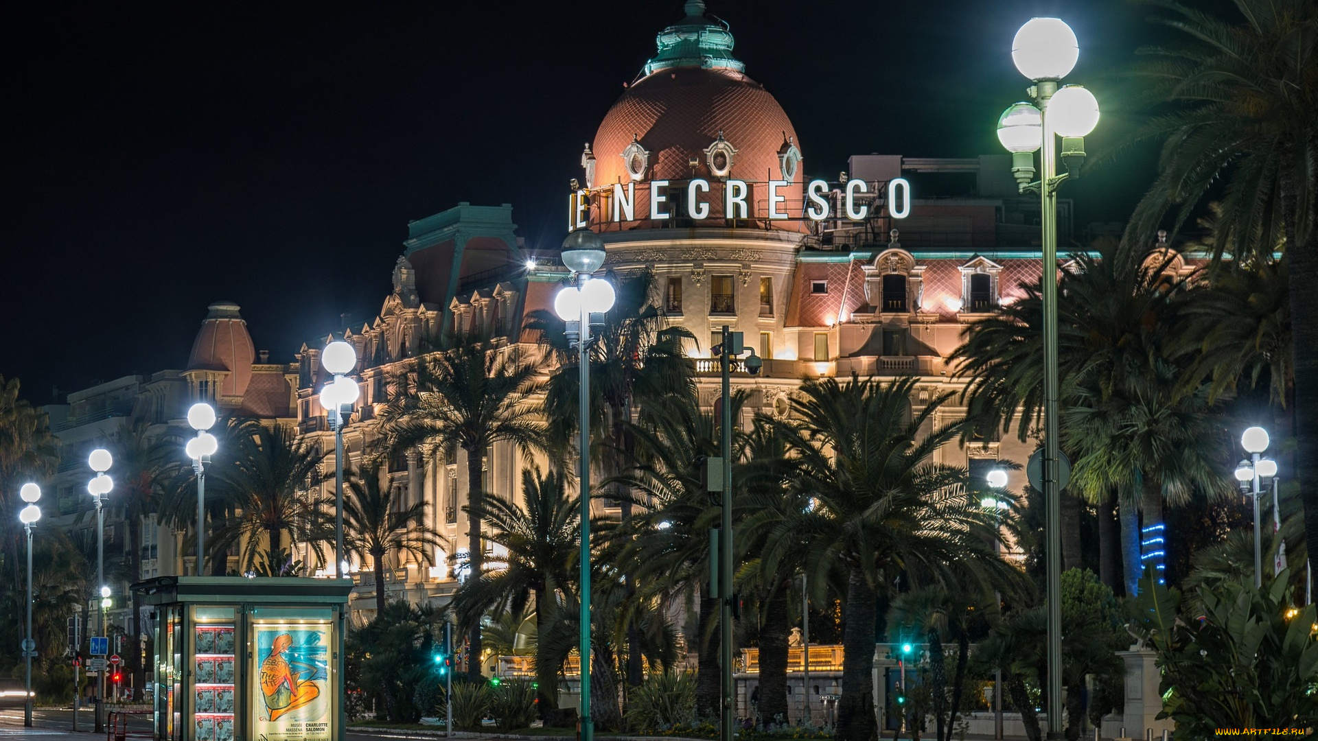 франция, города, -, огни, ночного, города, фонари, пальмы, здание, ларек