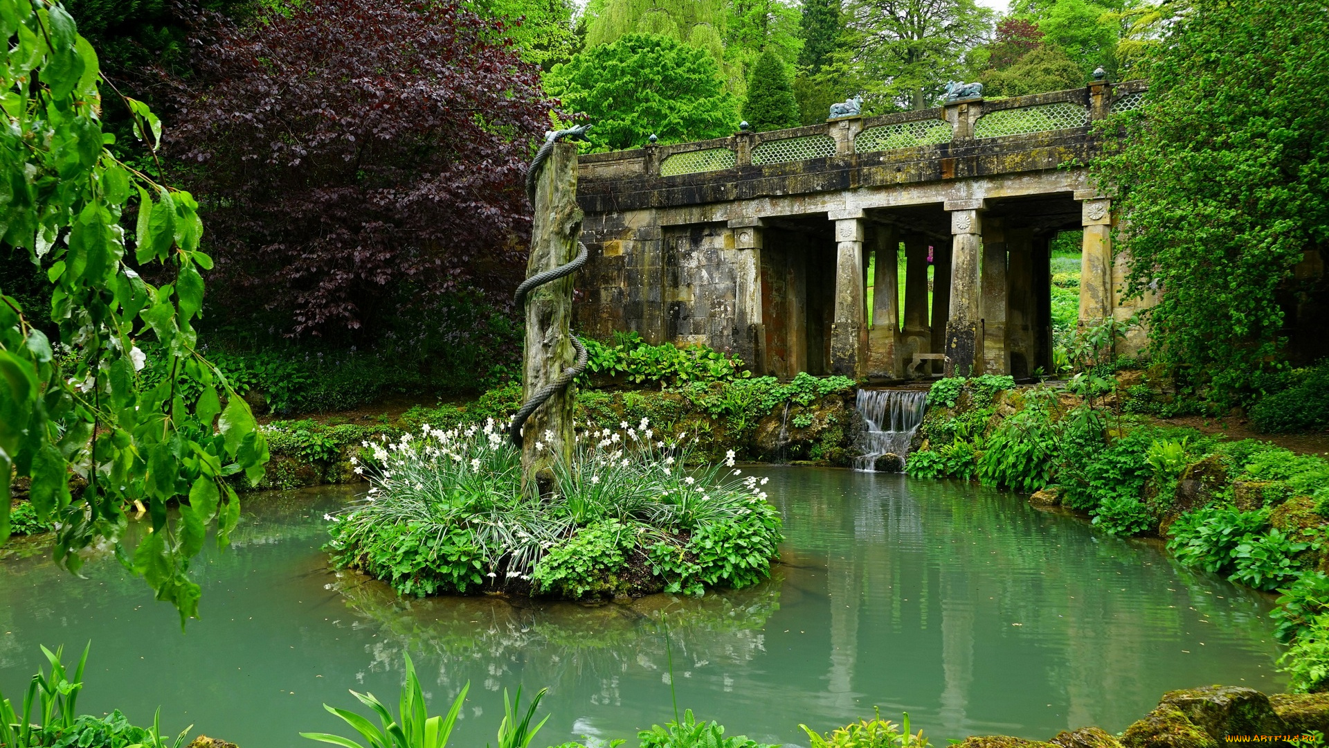 города, -, мосты, деревья, кустарники, водоем, пруд, парк, цветы