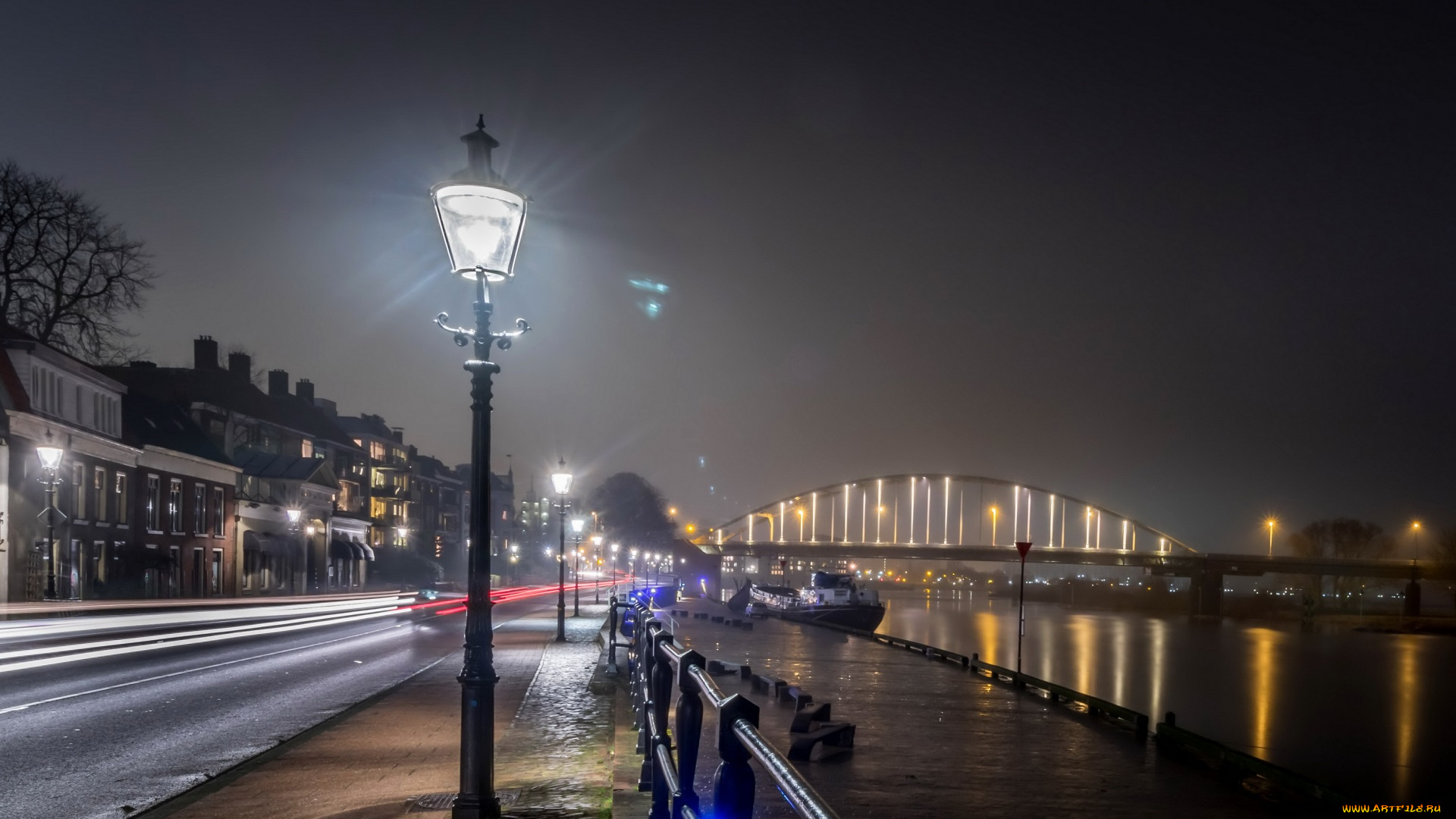 города, -, огни, ночного, города, шоссе, фонари, набережная, мост, дома