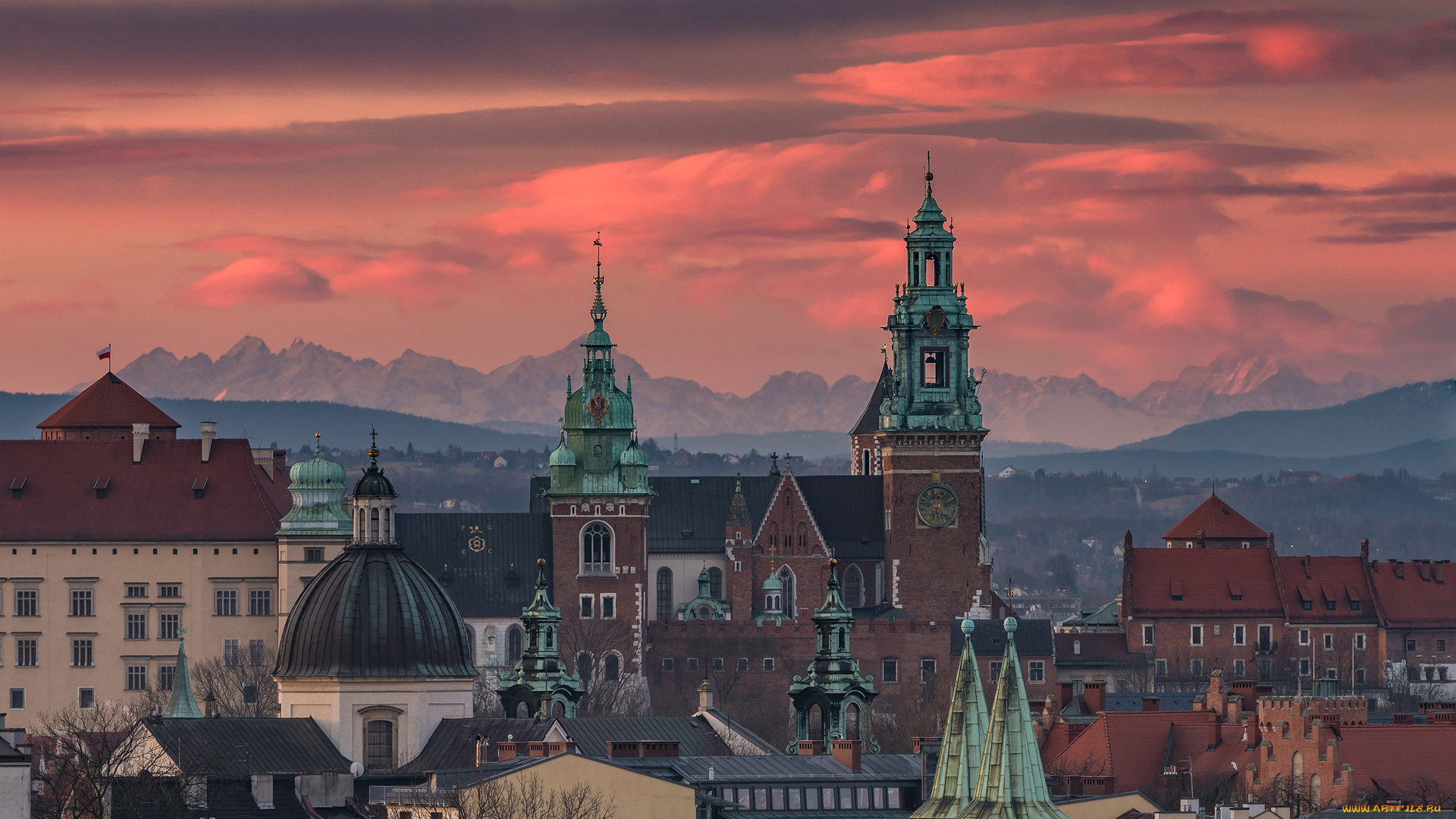 города, краков, , польша, сумерки, крыши, башни, панорама