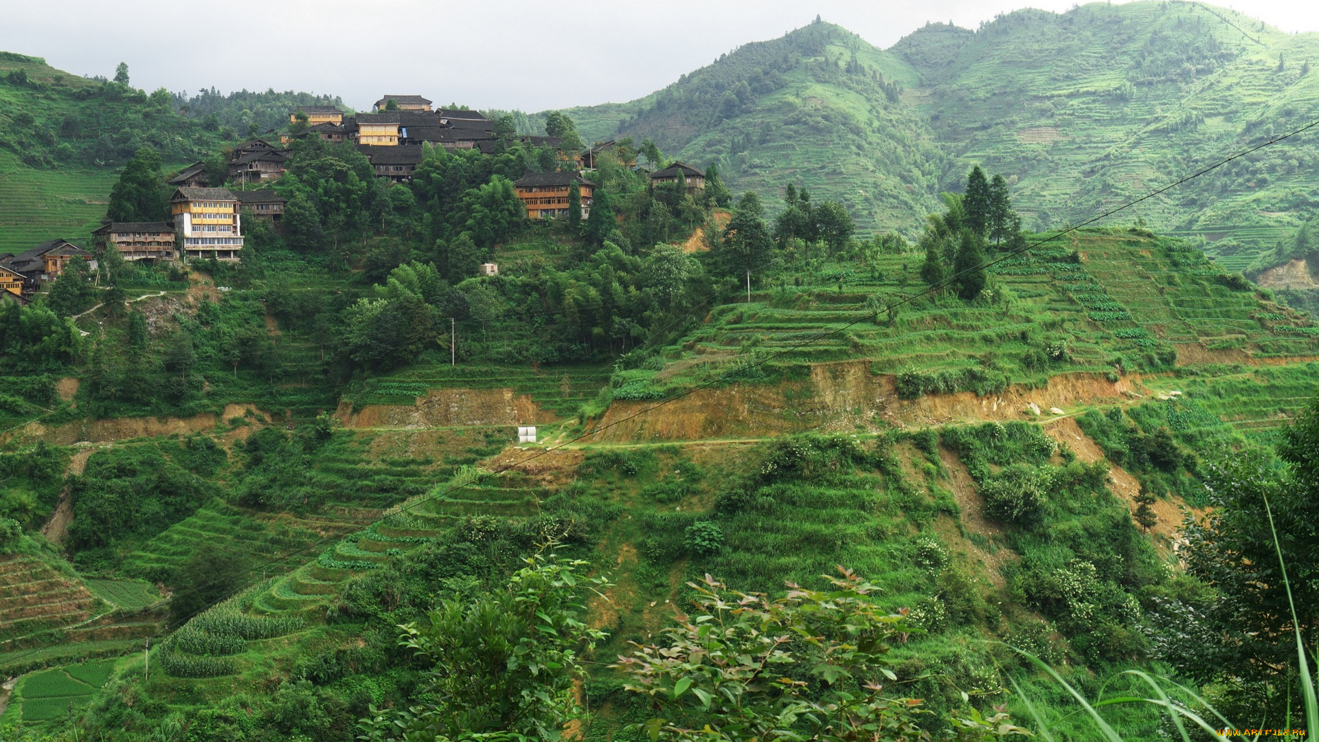 китай, города, -, пейзажи, дома, холмы, трава