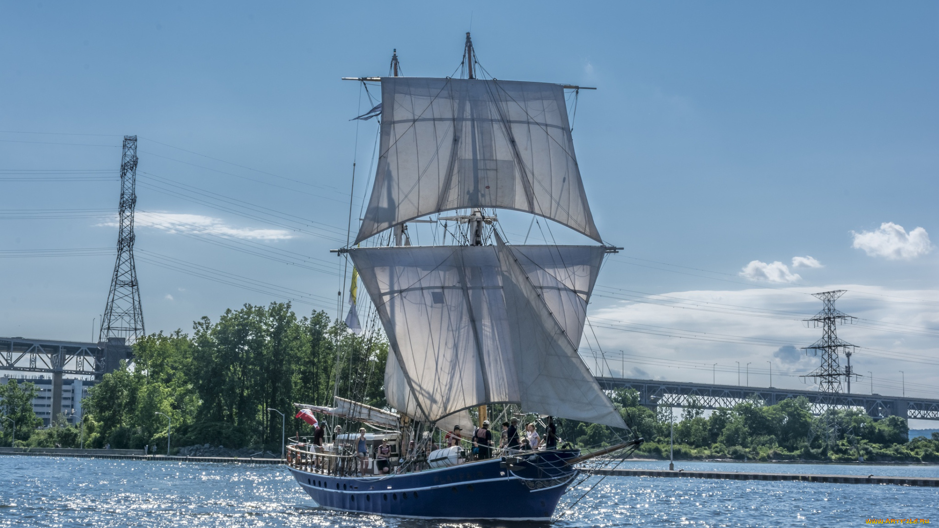 корабли, парусники, мост, река, канада, парусник