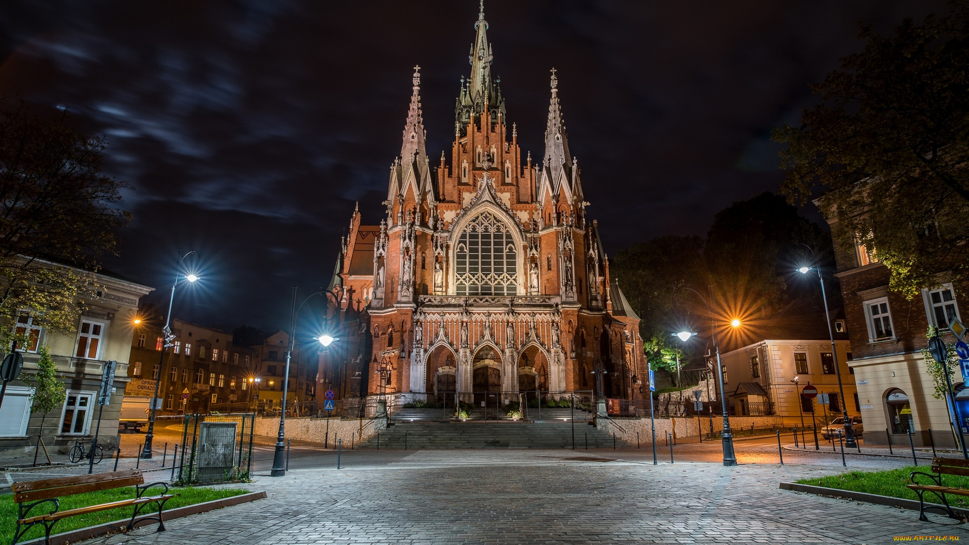 краков, города, краков, , польша, фонари, собор, скамейка, ночь, здания