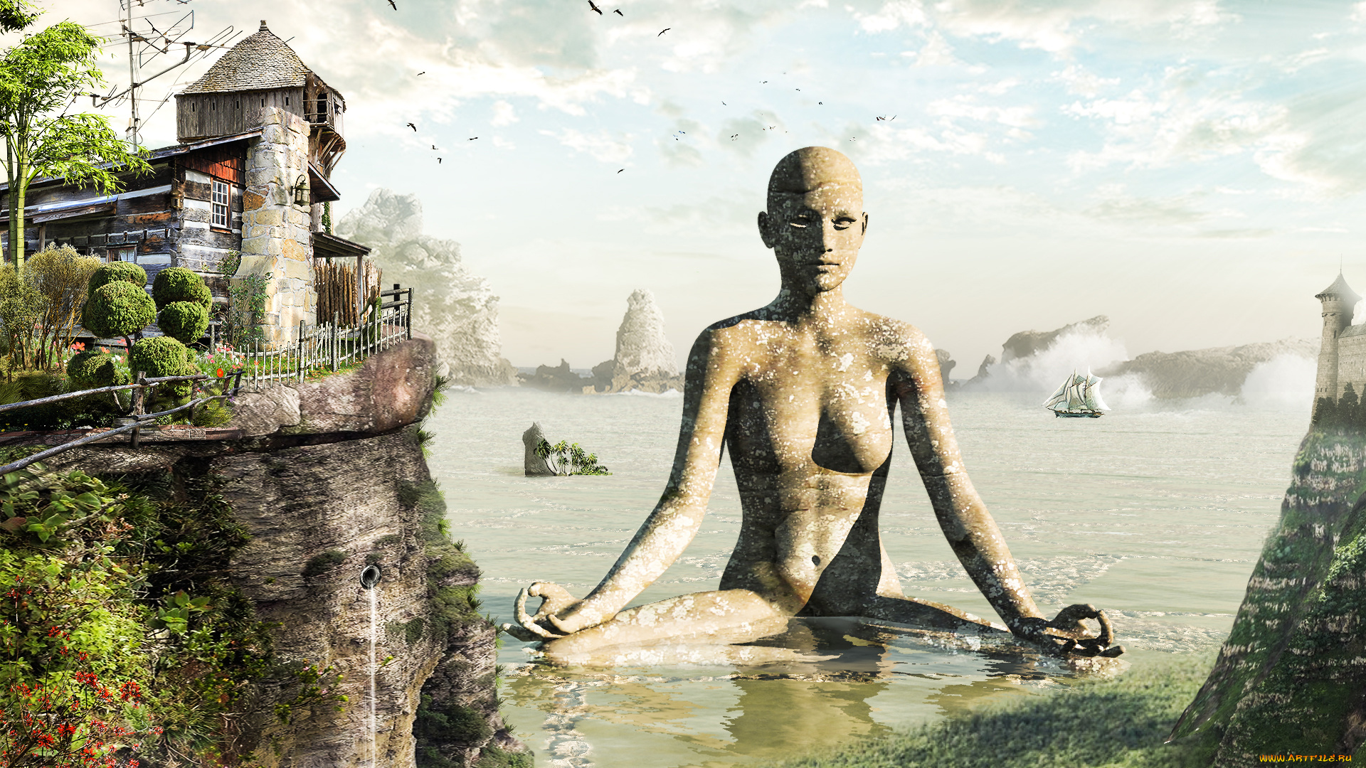 разное, компьютерный, дизайн, море, статуя, фон, корабль, дом, берег