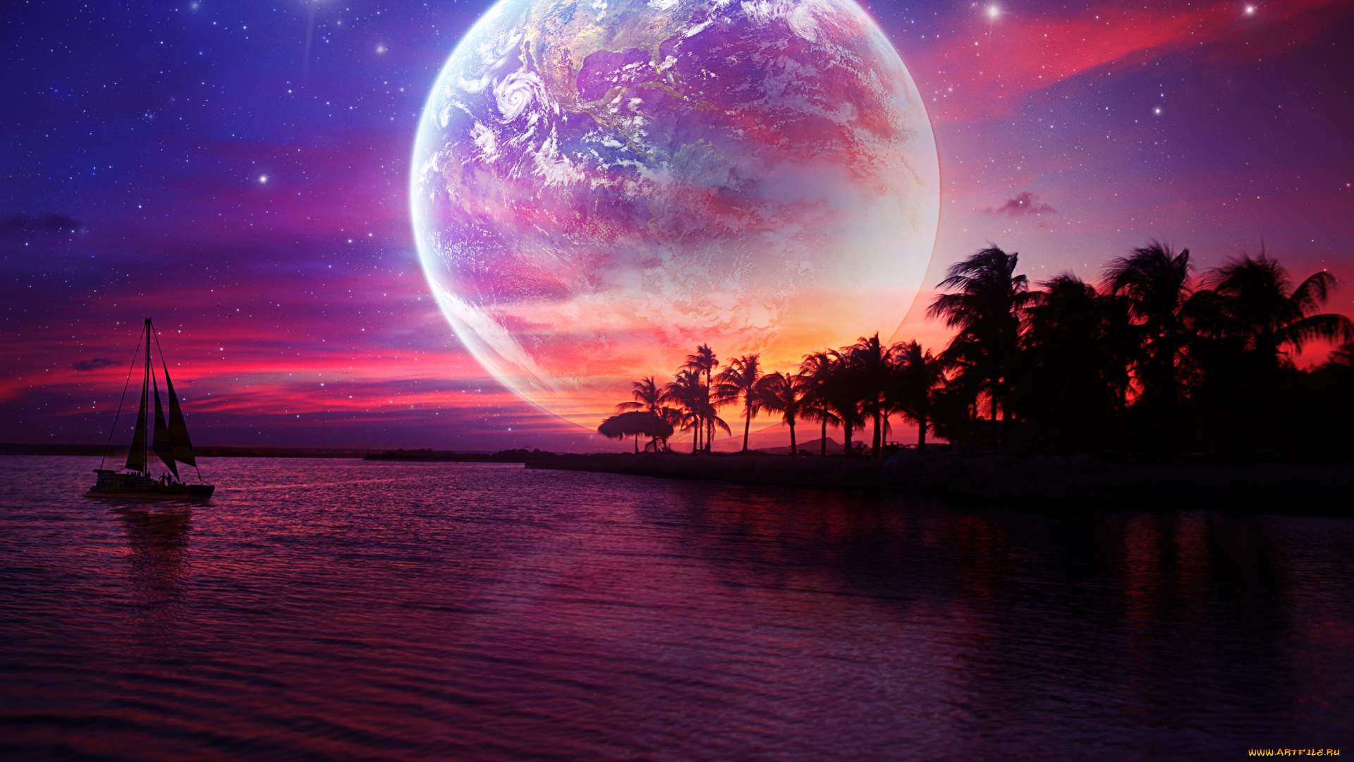 разное, компьютерный, дизайн, вечер, пальма, планета, остров, яхта, море
