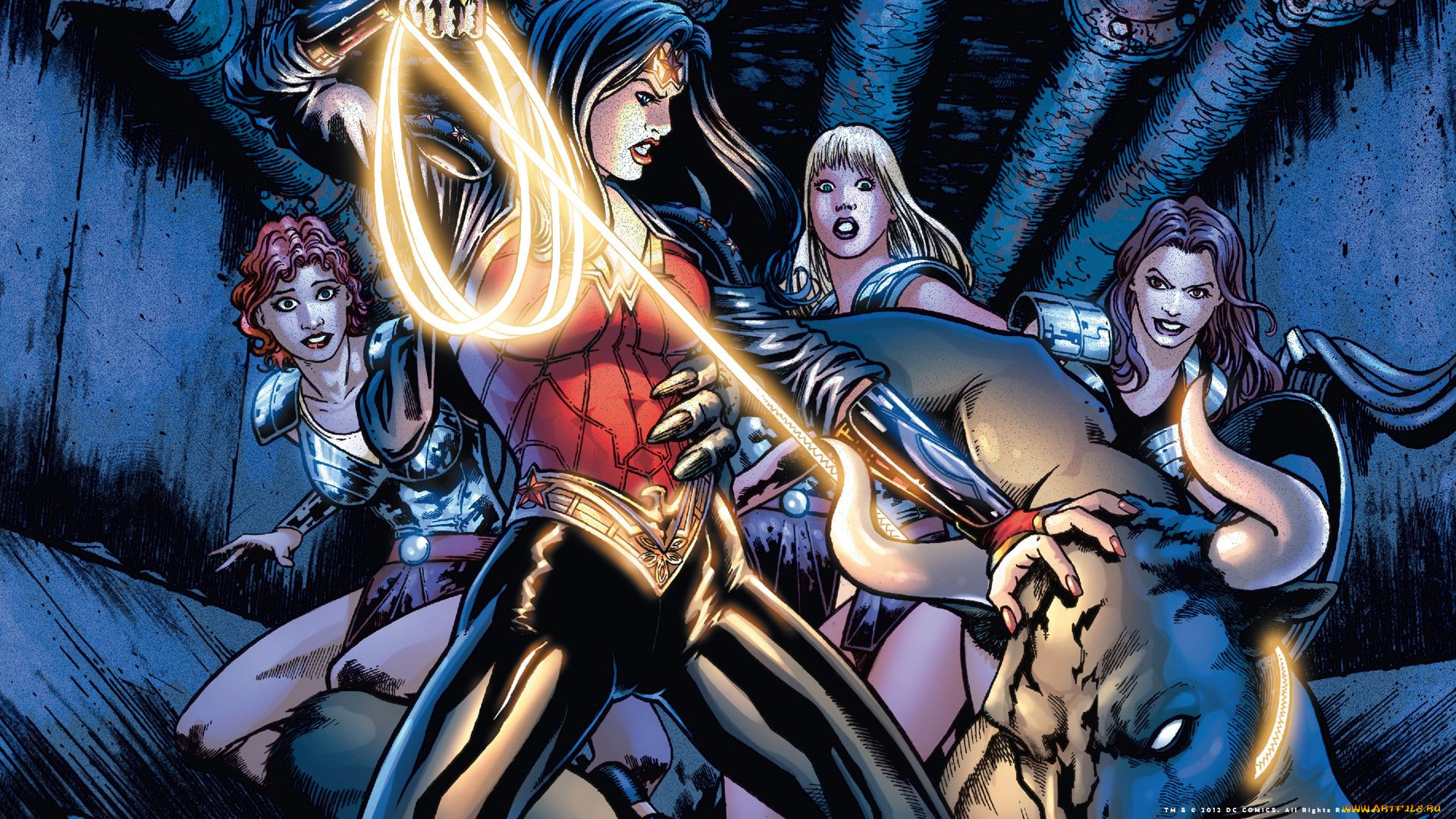 рисованное, комиксы, девушки, Чудо-женщина, лассо, монстр, минотавр