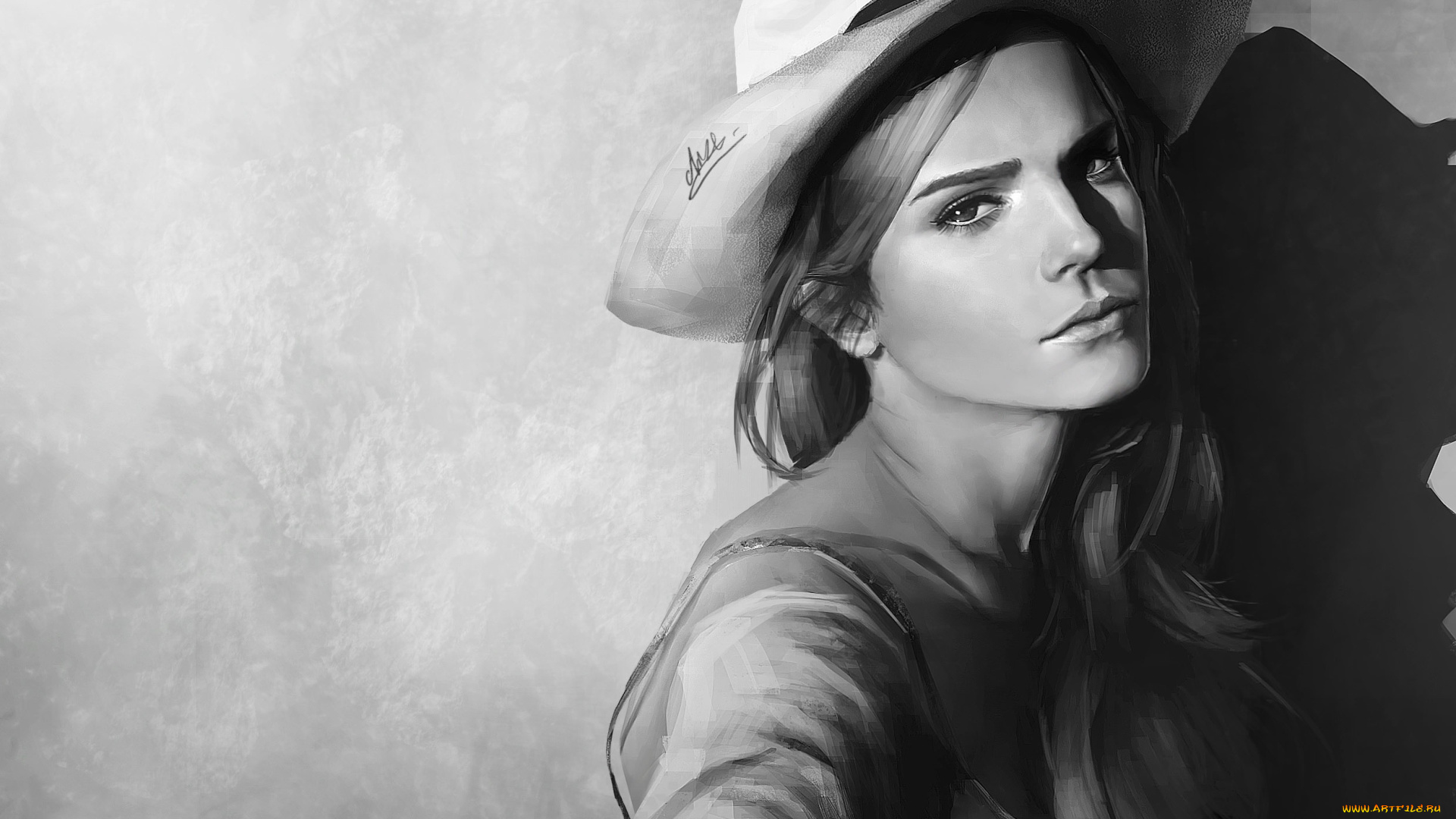 рисованное, люди, рисунок, эмма, уотсон, emma, watson, портрет, шляпа, черно-белое, фон, арт