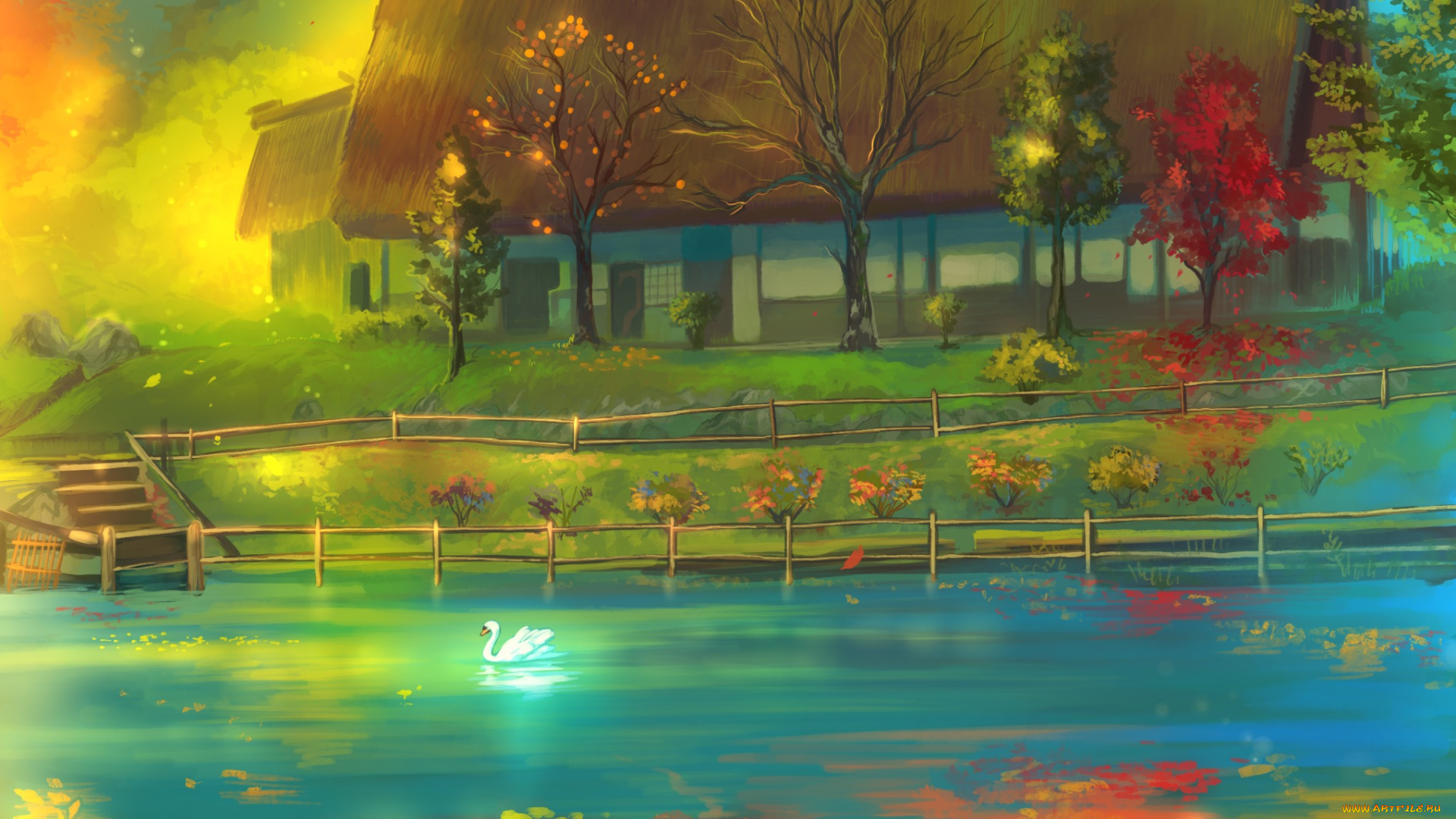 рисованное, живопись, осень, лебедь, домик, деревья, арт