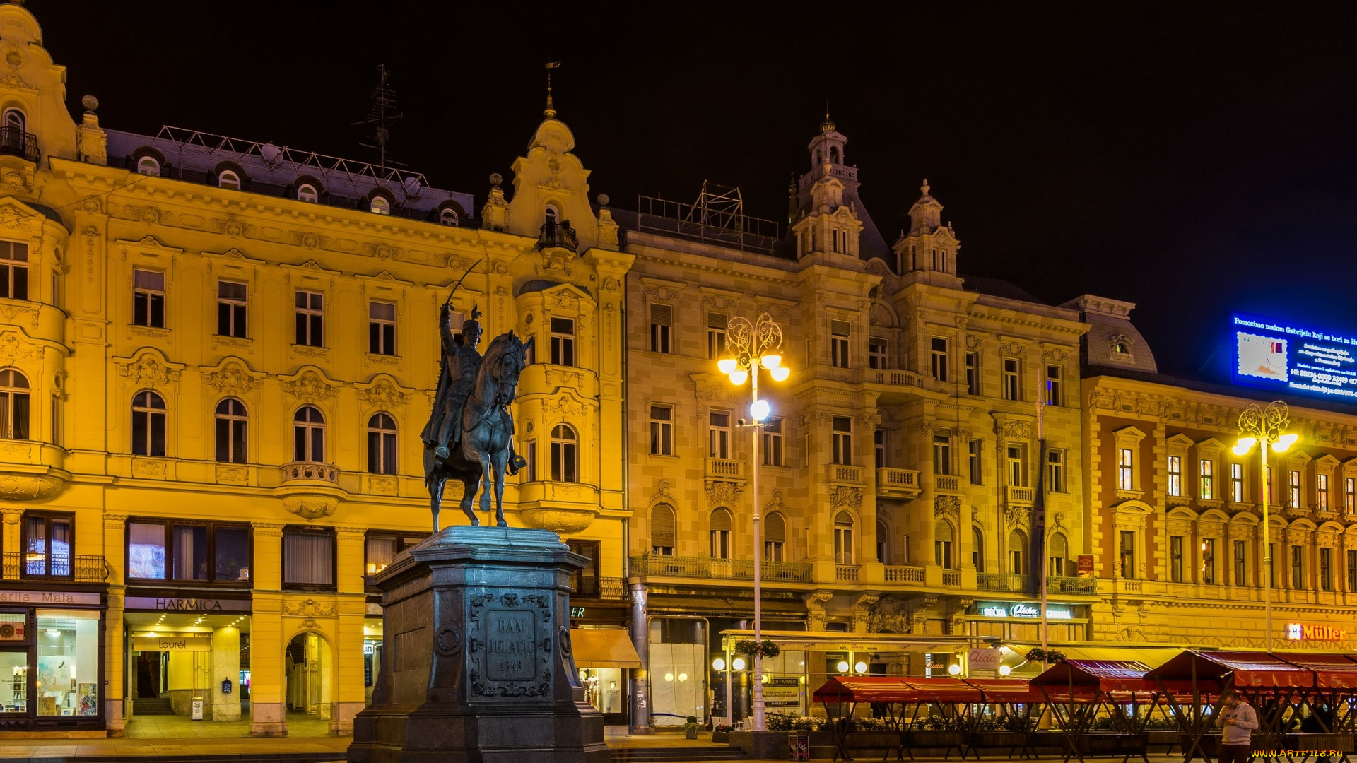 загреб, города, -, огни, ночного, города, человек, здание, ночь, памятник, конь