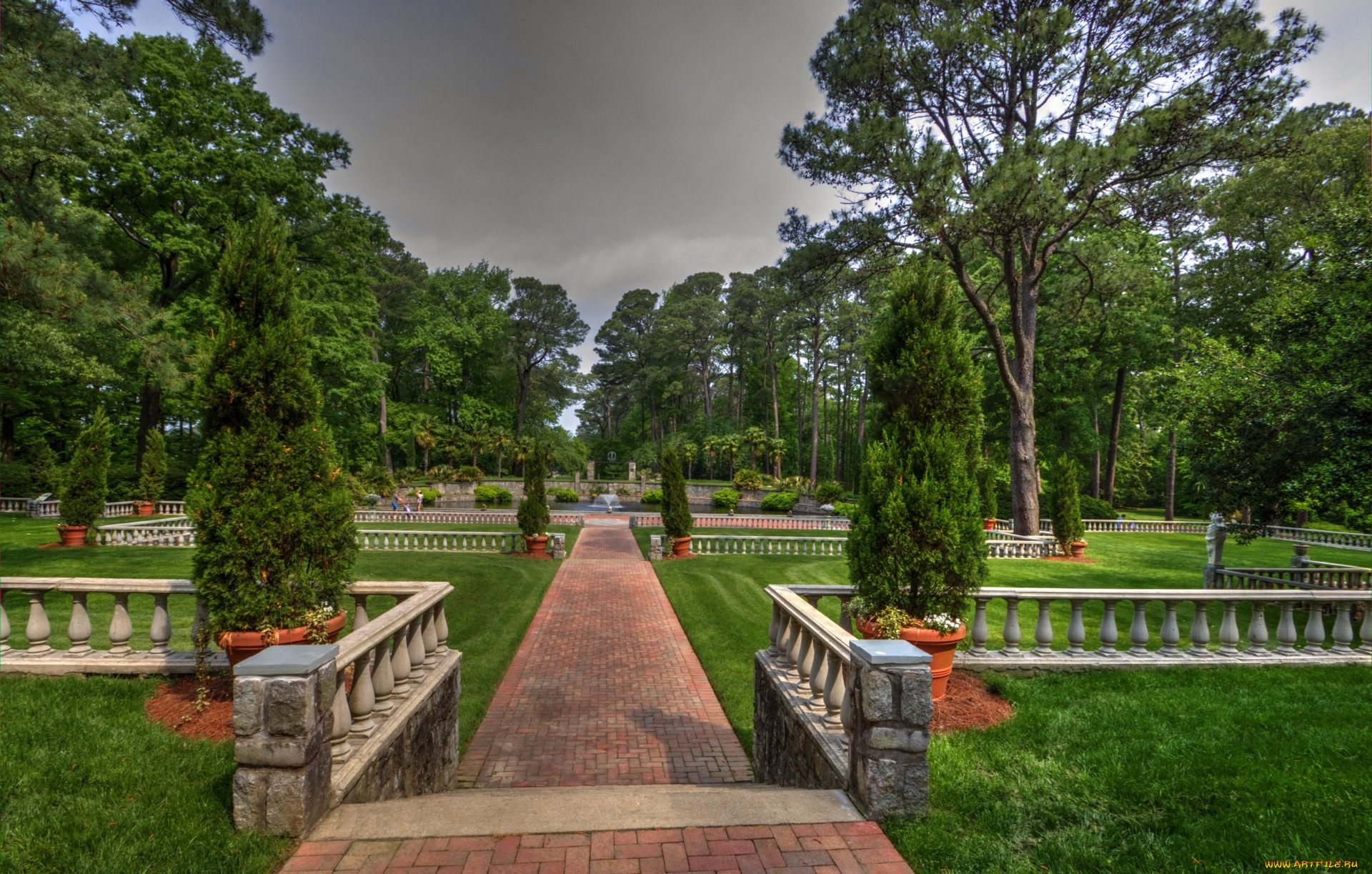 природа, парк, фонтан, деревья, цветы, трава