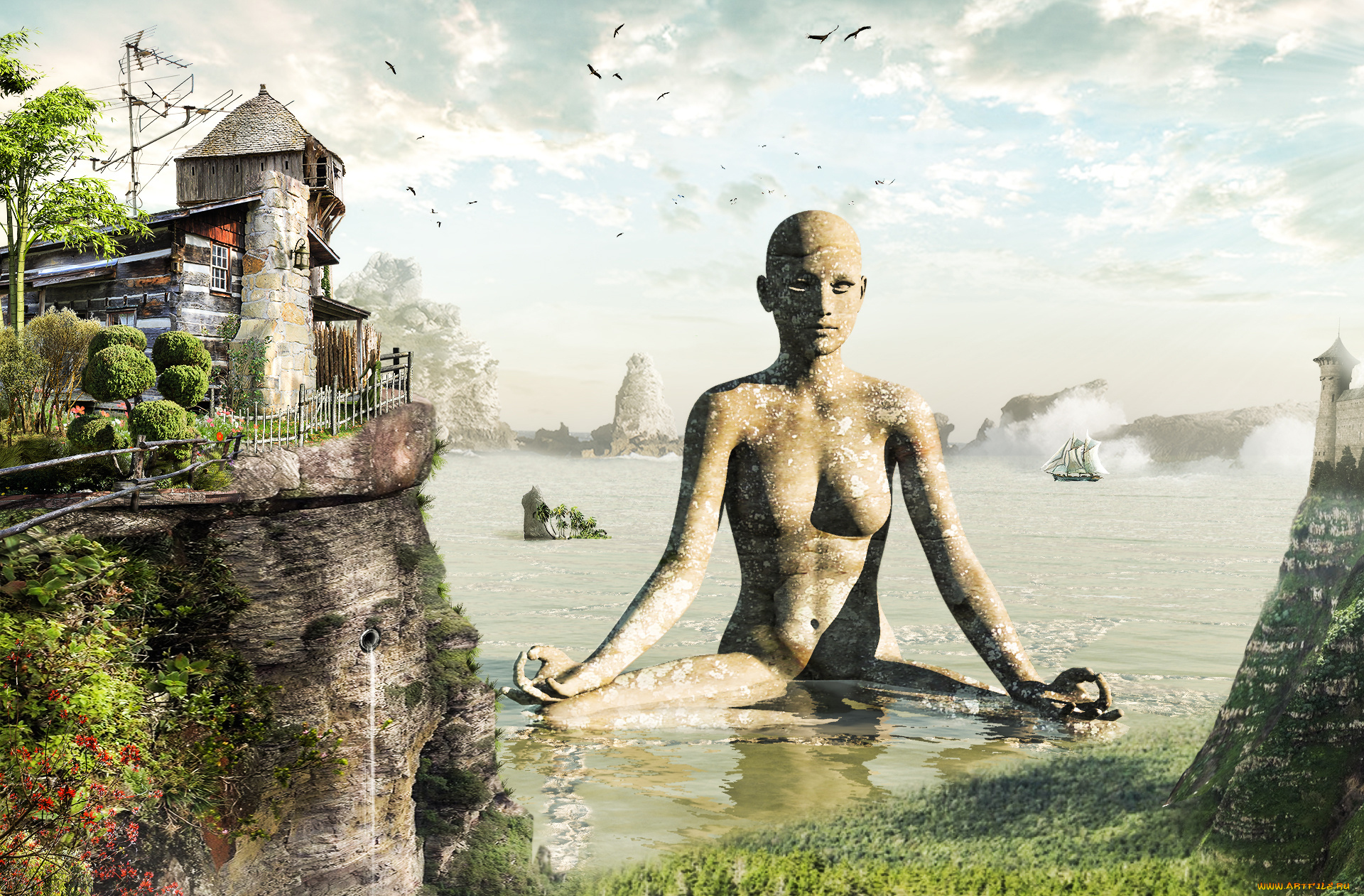 разное, компьютерный, дизайн, море, статуя, фон, корабль, дом, берег
