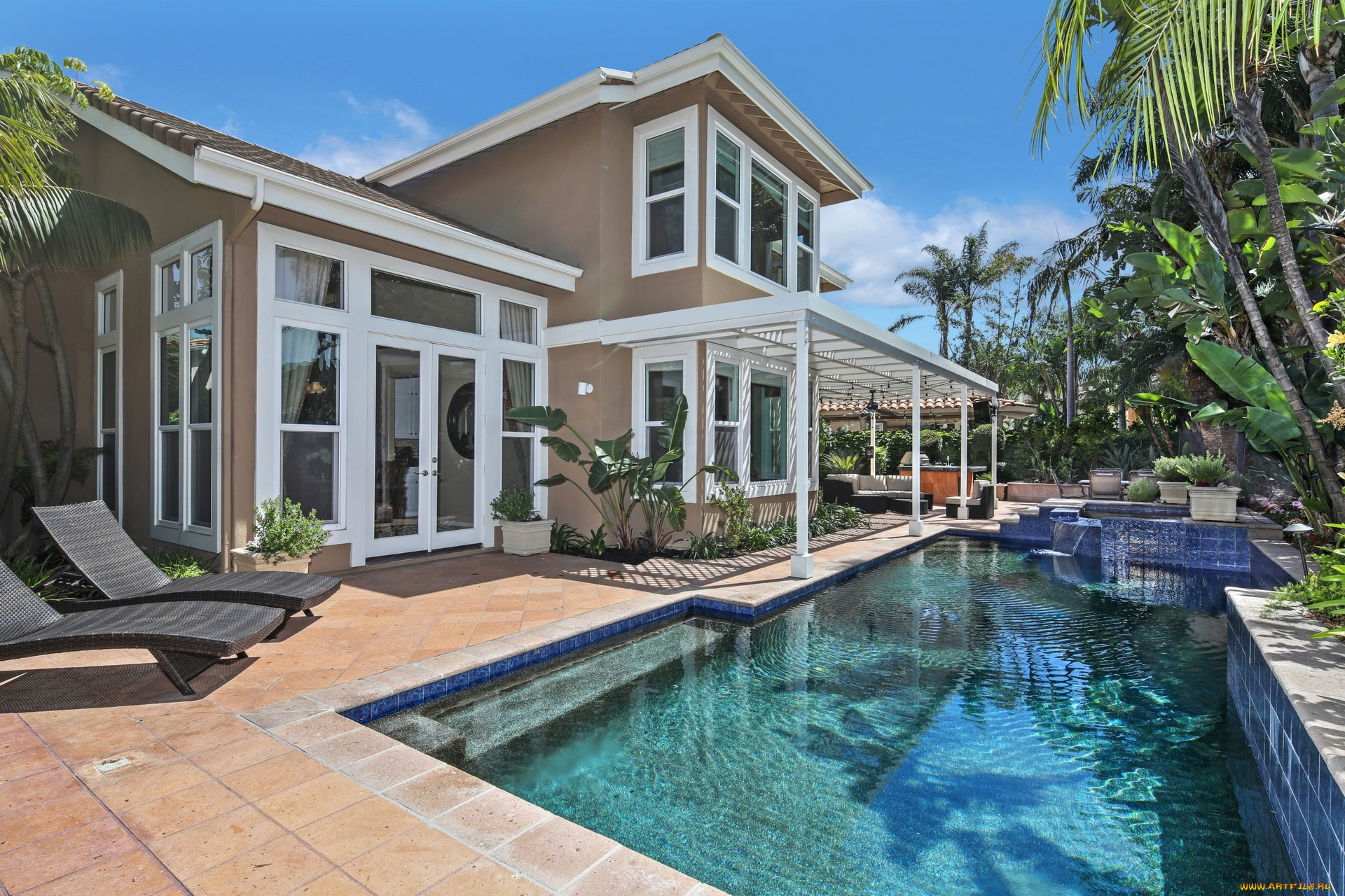 интерьер, бассейны, , открытые, площадки, лежак, бассейн, пальмы