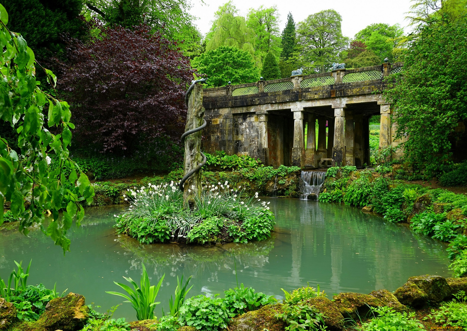 города, -, мосты, деревья, кустарники, водоем, пруд, парк, цветы