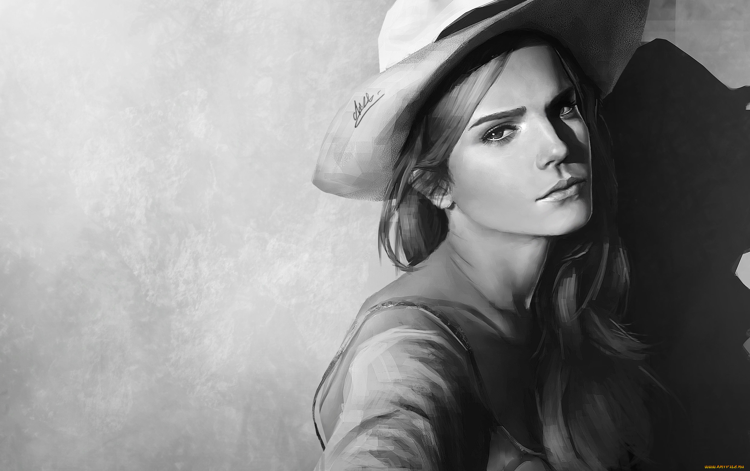 рисованное, люди, рисунок, эмма, уотсон, emma, watson, портрет, шляпа, черно-белое, фон, арт