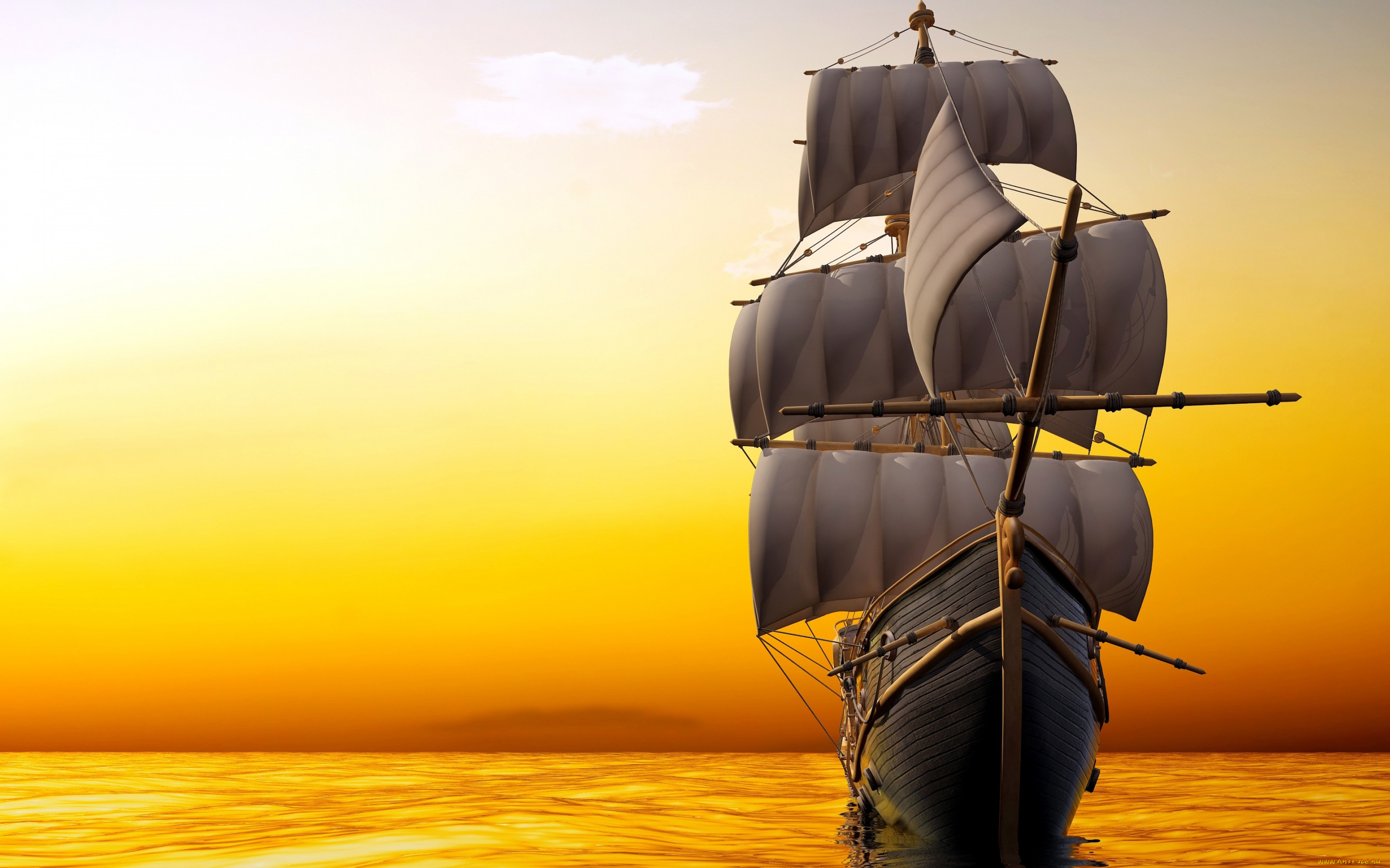 3д, графика, море, , sea, горизонт, парусник, море, паруса, корабль, небо, мачты, 3d, графика, зарево