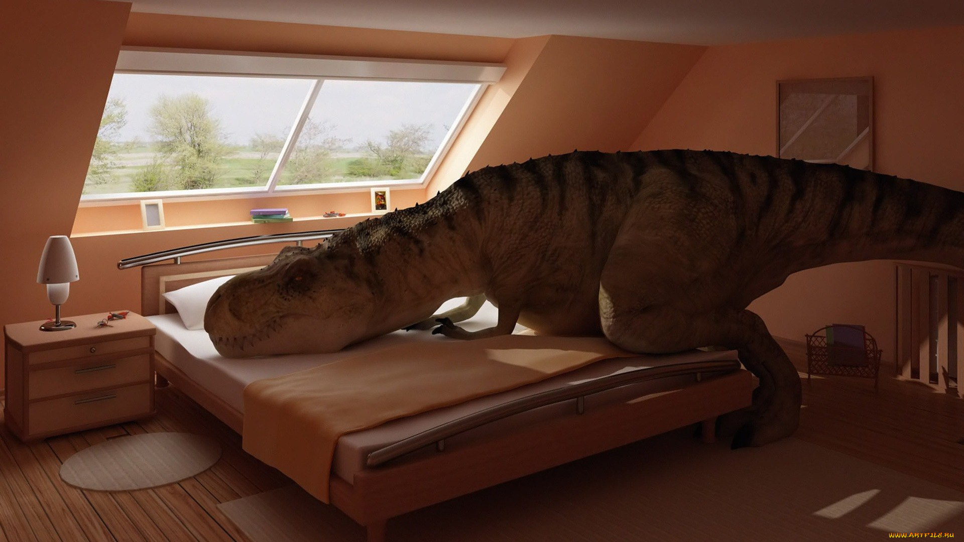 3д, графика, юмор, , humor, спальня, кровать, динозавр, дом
