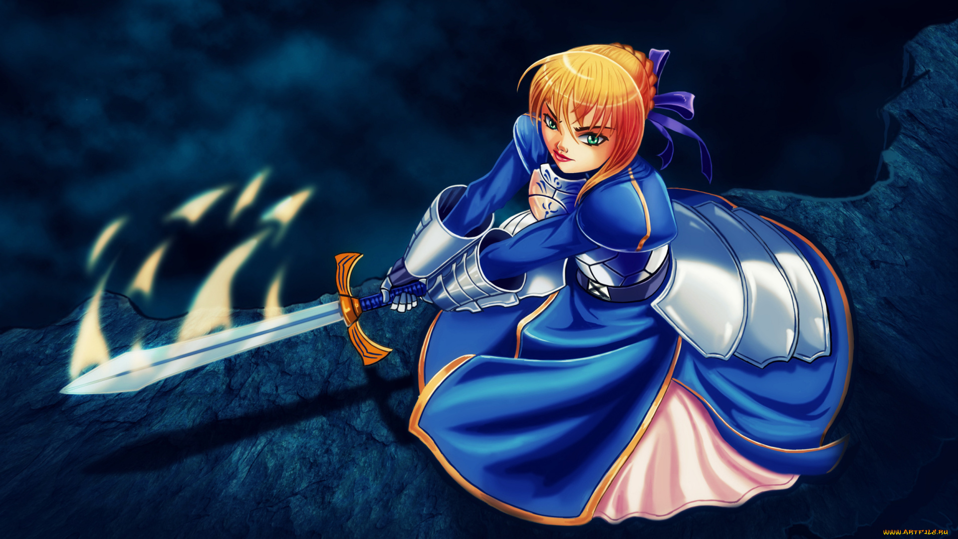 аниме, fate, stay, night, фон, платье, меч, взгляд, девушка