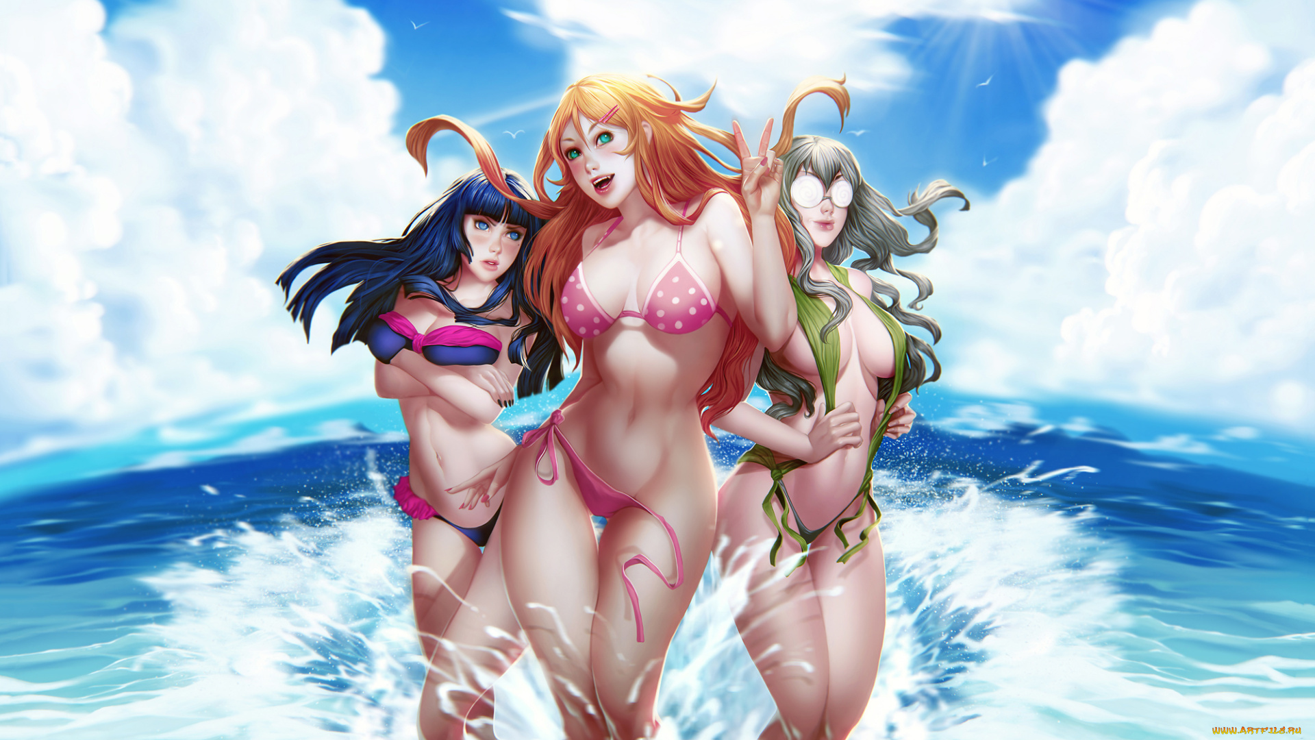 аниме, naruto, фон, море, купальник, взгляд, девушки