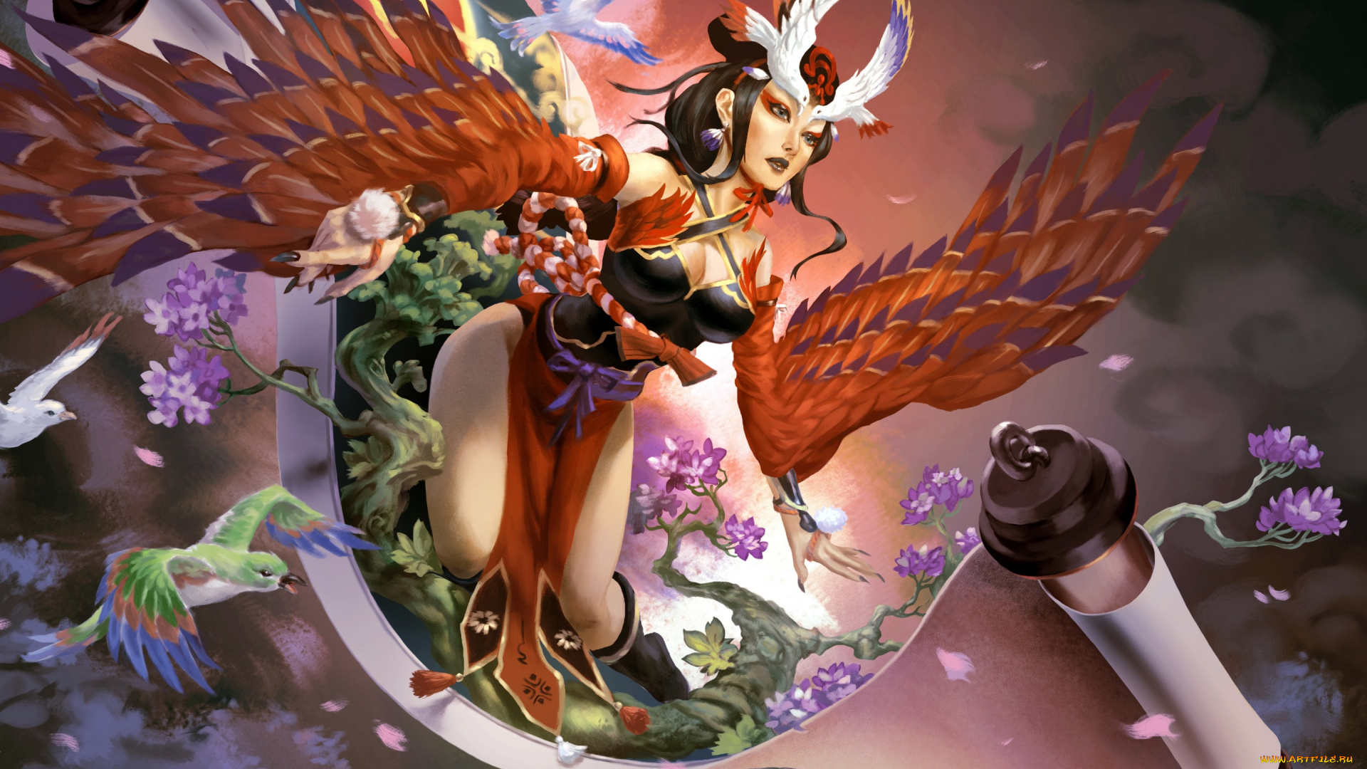 аниме, onmyouji, onmyoji, свиток, арт, птица, девушка, грудь, ноги, платье, крылья