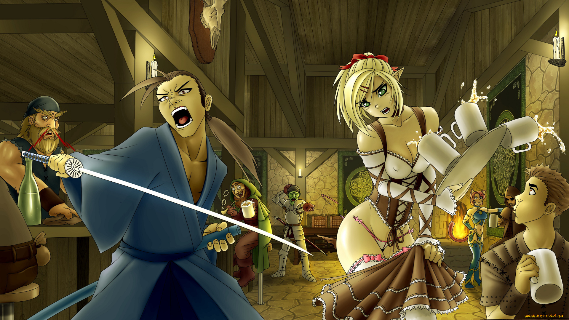 аниме, оружие, , техника, , технологии, официантка, меч, бар, фон, самурай, взгляд, девушка, мужчина