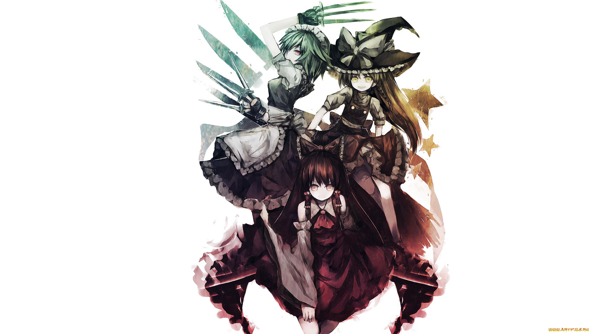 аниме, touhou, шляпа, звезды, ножи, девочки