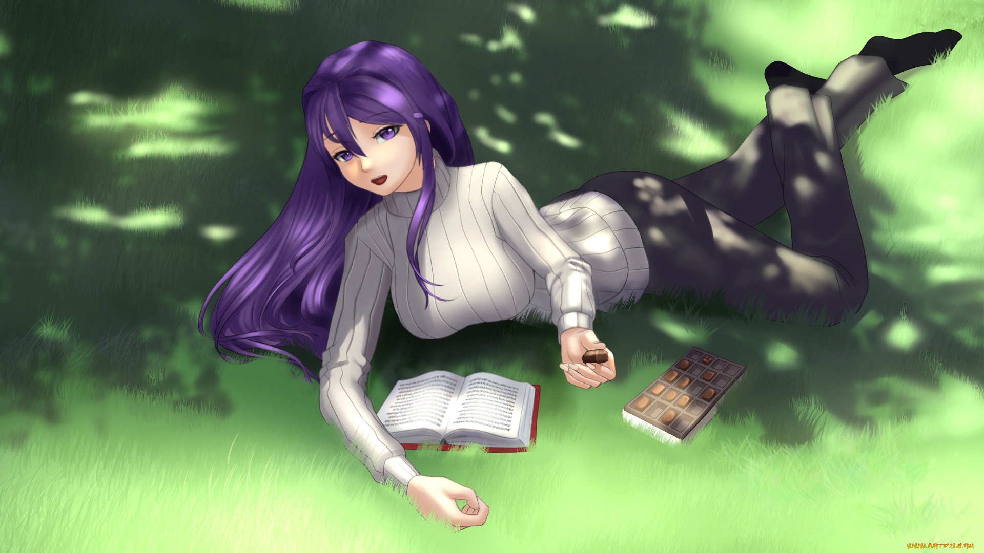 аниме, unknown, , другое, , конфеты, взгляд, фон, книга, девушка