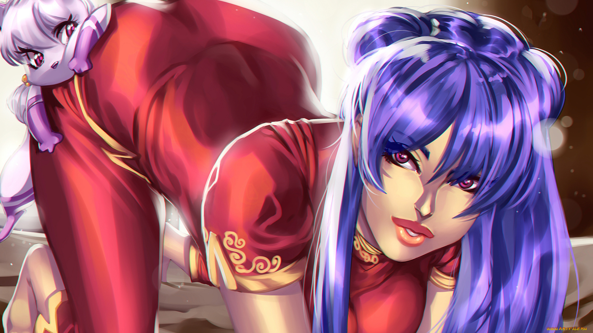 аниме, unknown, , другое, , собачка, взгляд, фон, девушка