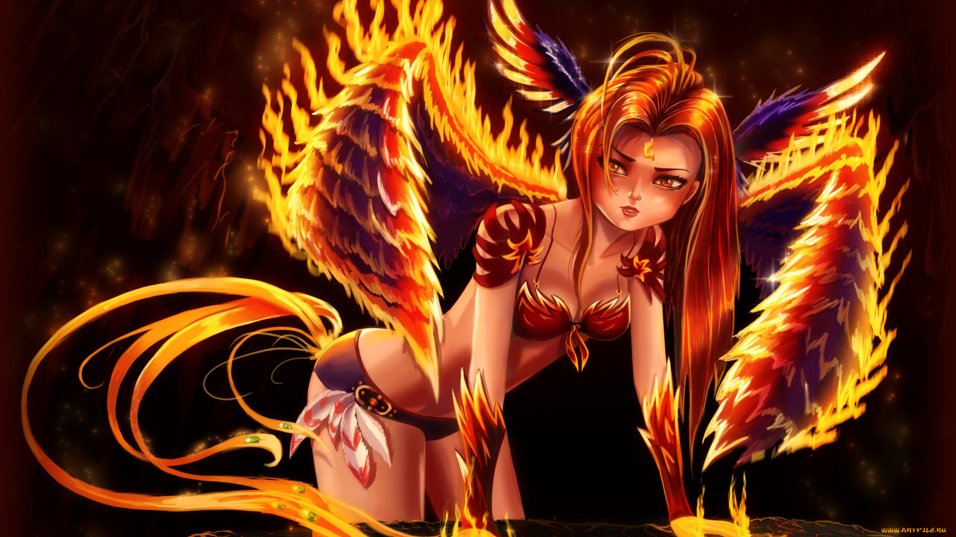 аниме, животные, , существа, крылья, взгляд, фон, девушка