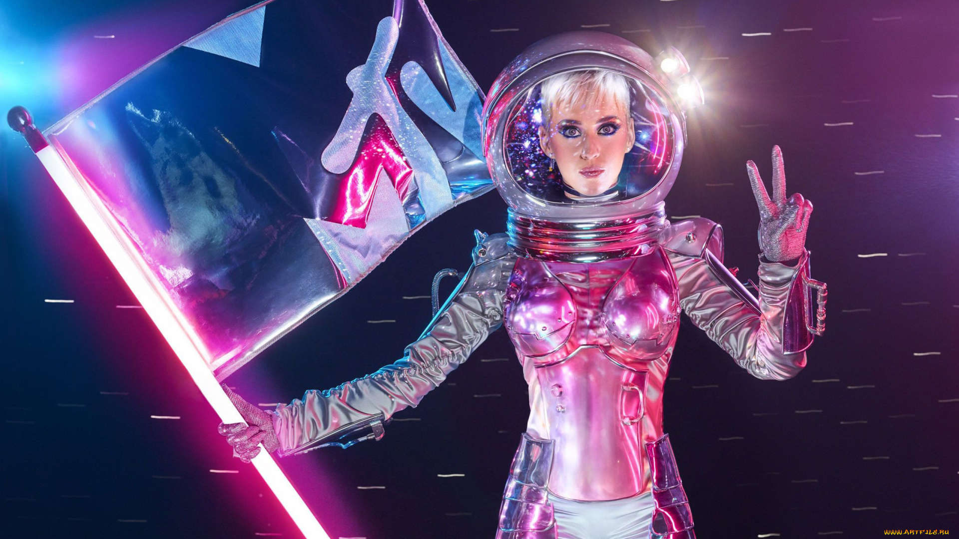 музыка, katy, perry, флаг, космонавт, скафандр, певица, девушка, взгляд