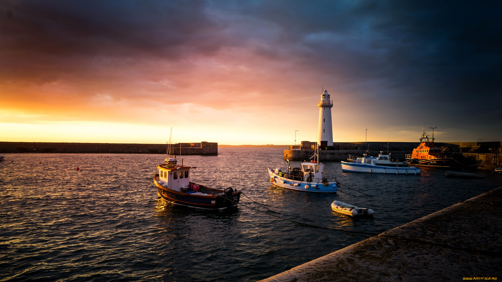 природа, маяки, причал, маяк, солнце, небо, побережье, море, лодки, великобритания, donaghadee, катера, облака, закат, гавань, northern, ireland