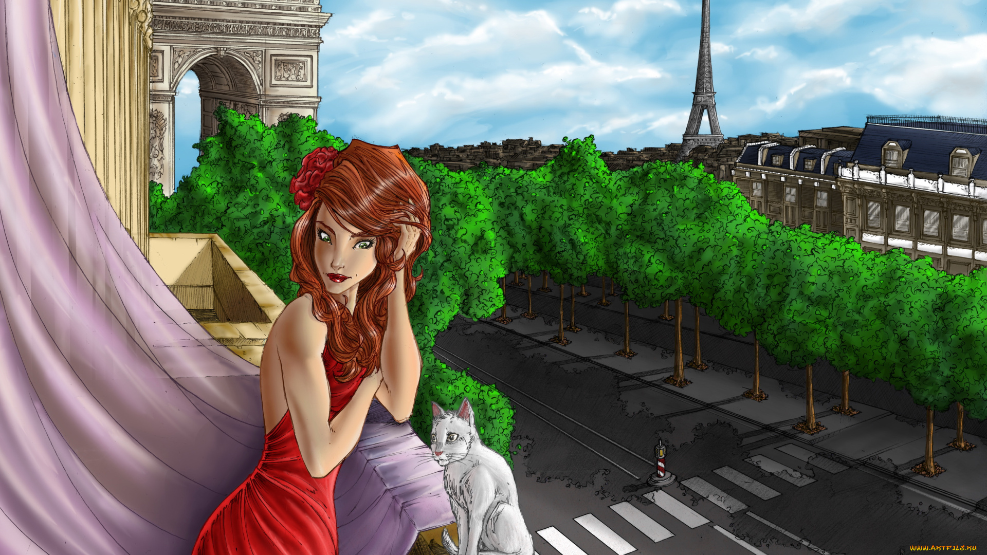 рисованное, люди, день, париж, кот, взгляд, фон, девушка