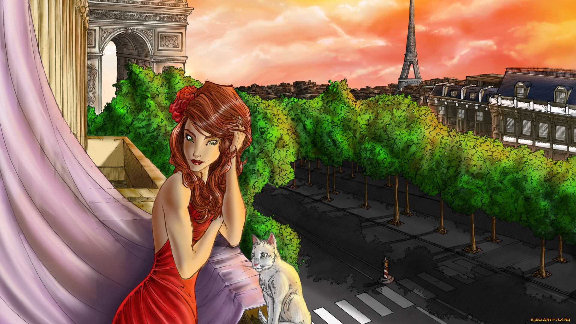 рисованное, люди, вечер, взгляд, кот, париж, фон, девушка