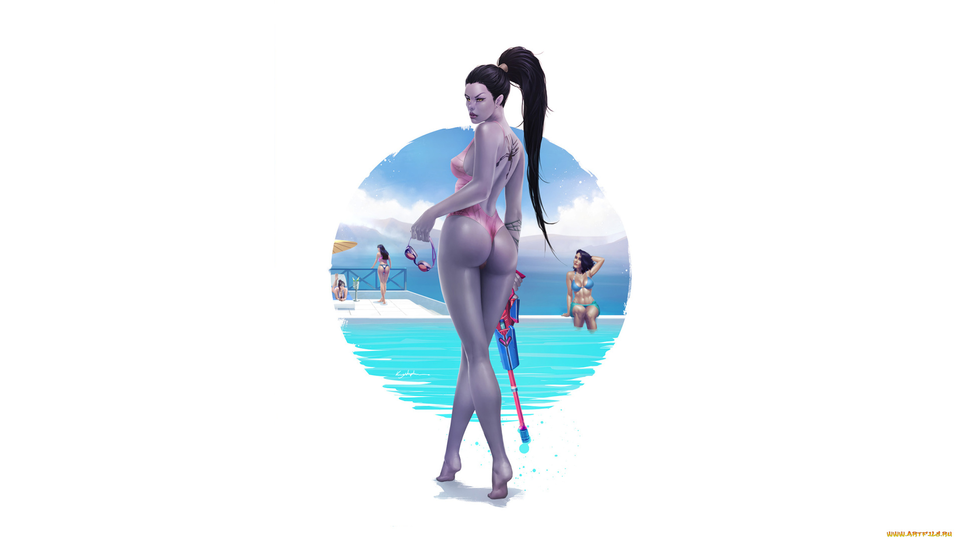 видео, игры, overwatch, фон, девушка, тату, винтовка