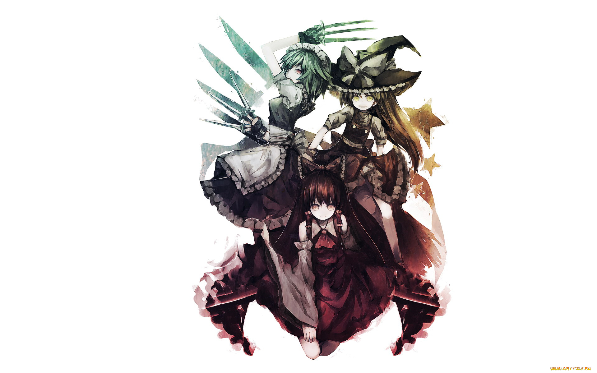 аниме, touhou, шляпа, звезды, ножи, девочки