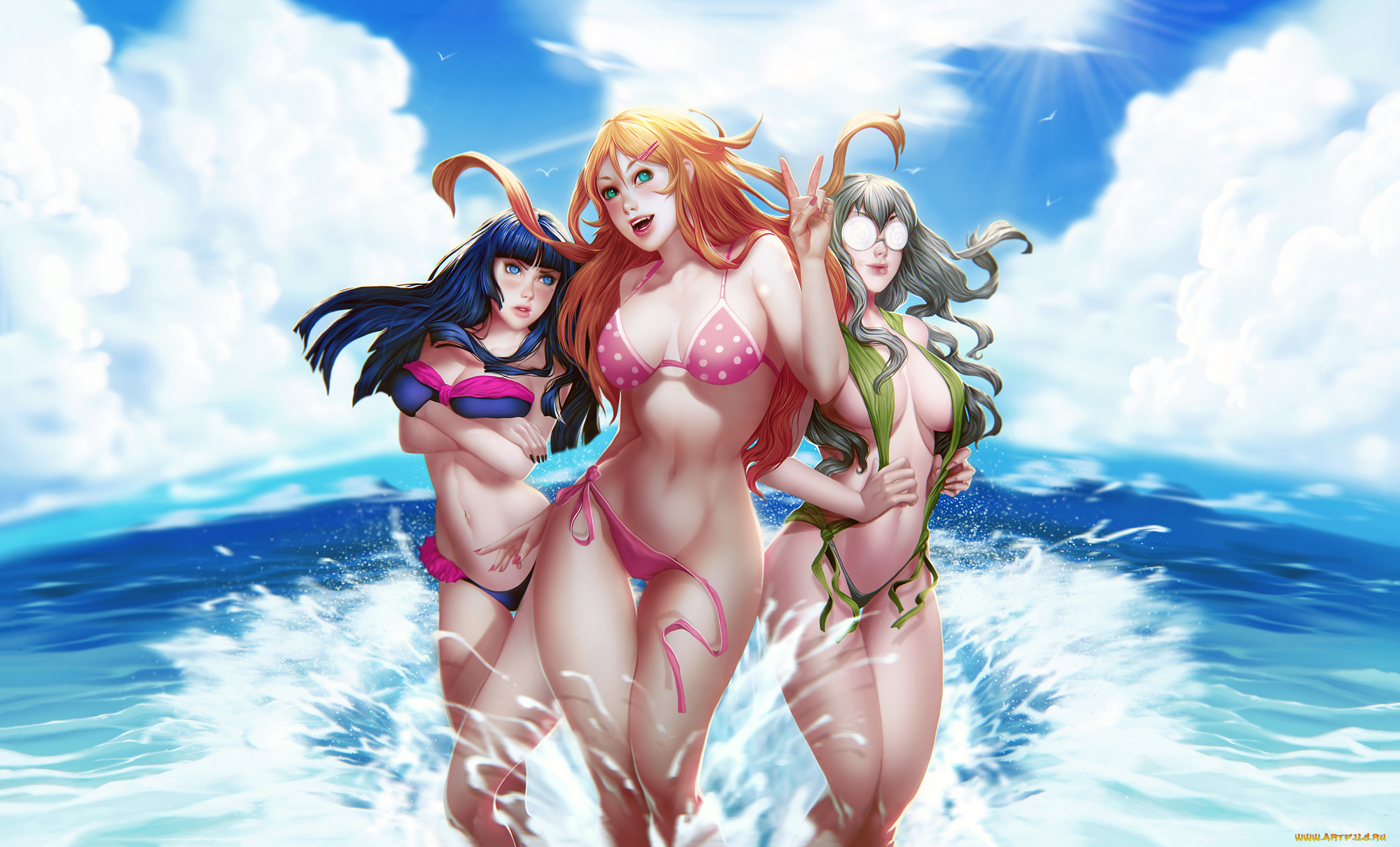 аниме, naruto, фон, море, купальник, взгляд, девушки